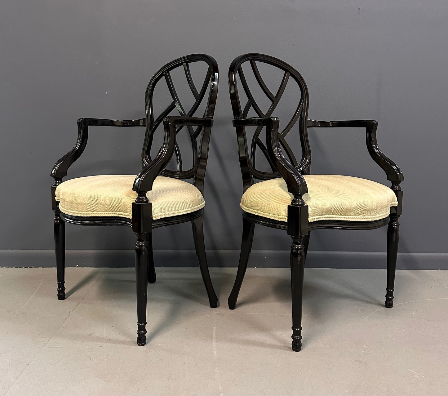 1980s Pair of Century Furniture Chinoiserie Black Lacquer Armchairs