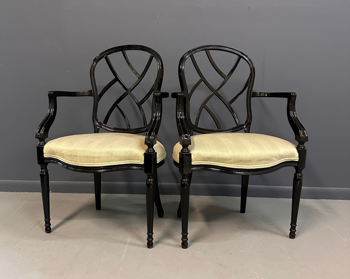 1980s Pair of Century Furniture Chinoiserie Black Lacquer Armchairs