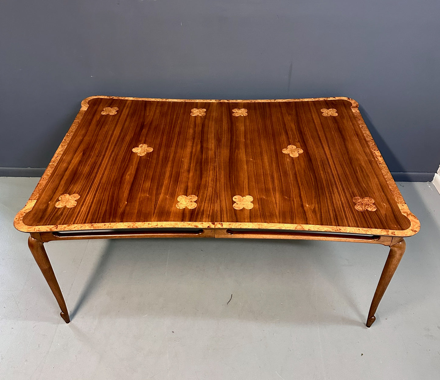 SOLD – 1960s Mastercraft Attributed Walnut Dining Table with Burl Accents and Trim