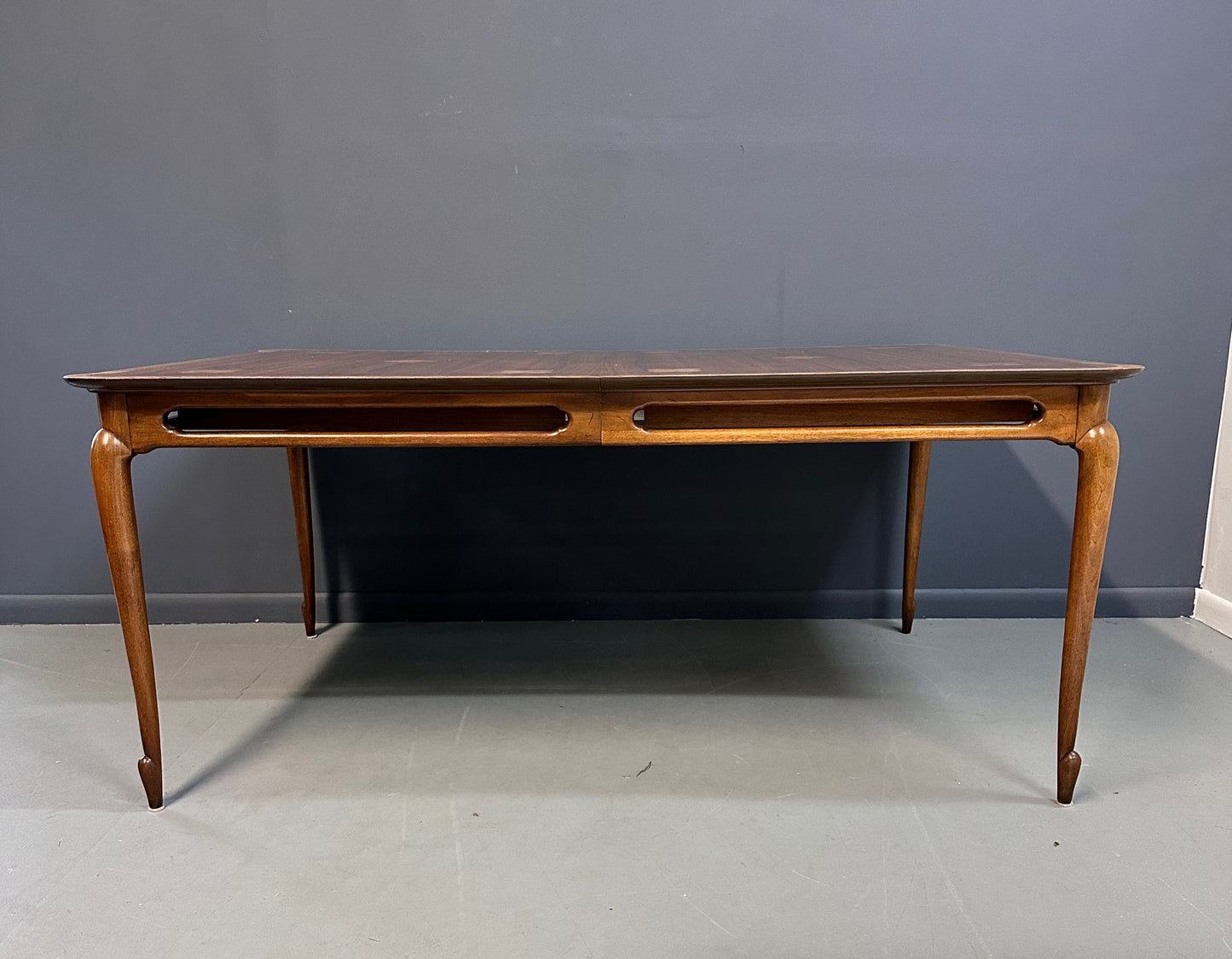 SOLD – 1960s Mastercraft Attributed Walnut Dining Table with Burl Accents and Trim