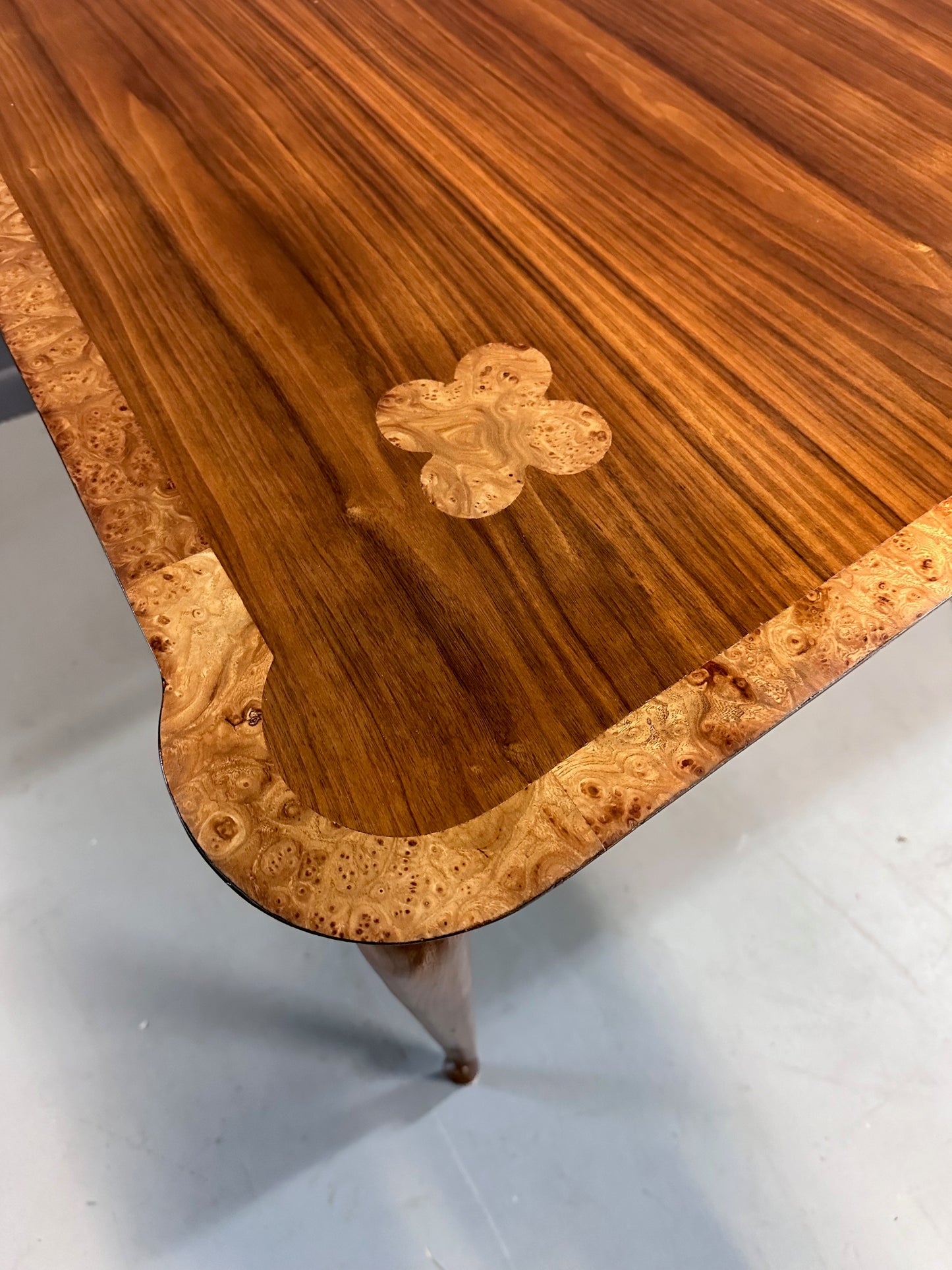 SOLD – 1960s Mastercraft Attributed Walnut Dining Table with Burl Accents and Trim