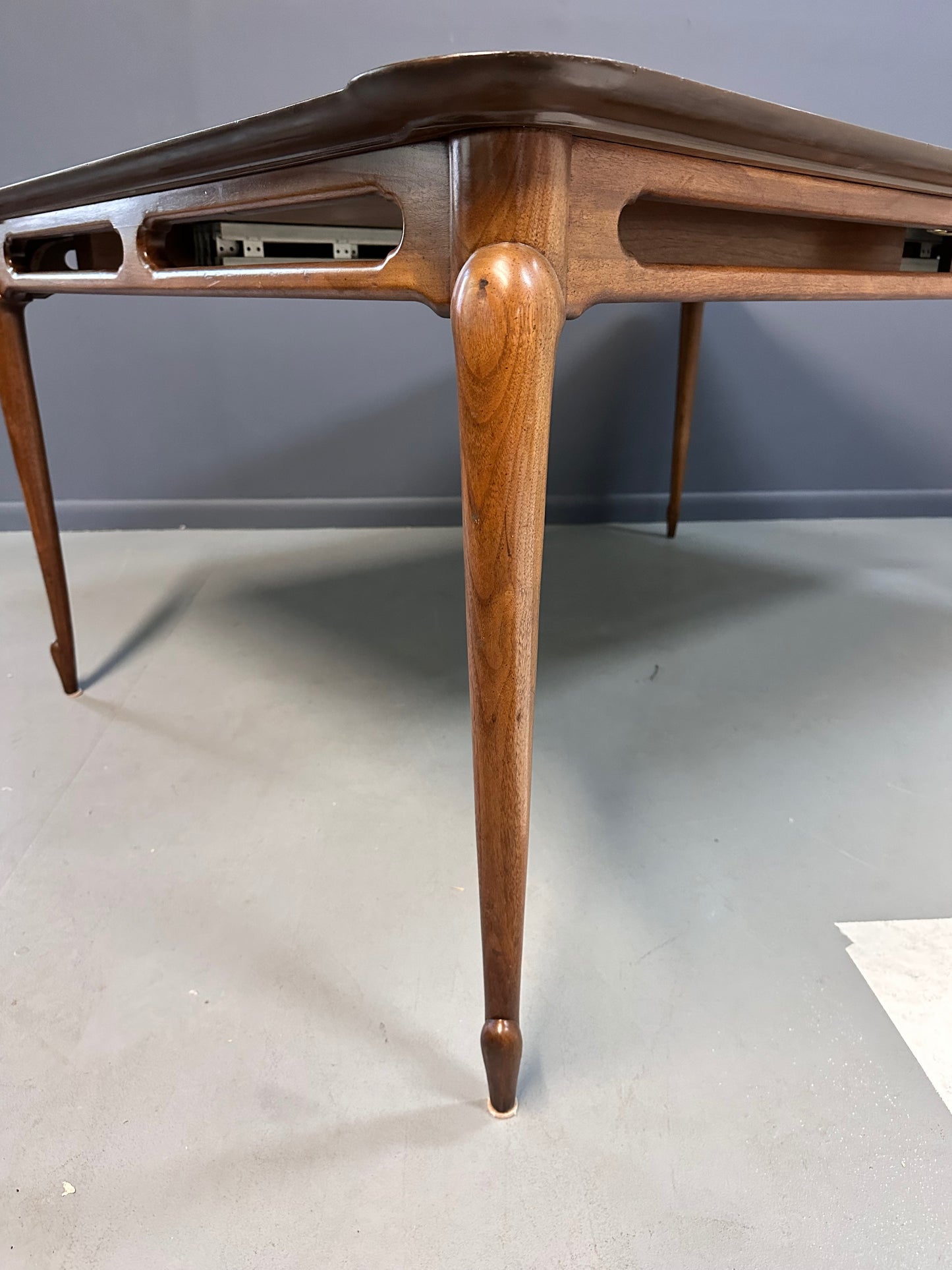 SOLD – 1960s Mastercraft Attributed Walnut Dining Table with Burl Accents and Trim