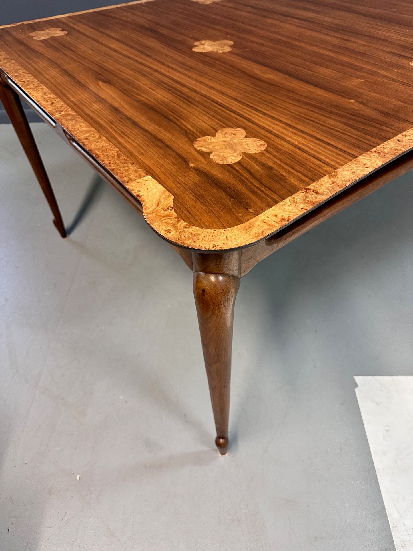 SOLD – 1960s Mastercraft Attributed Walnut Dining Table with Burl Accents and Trim