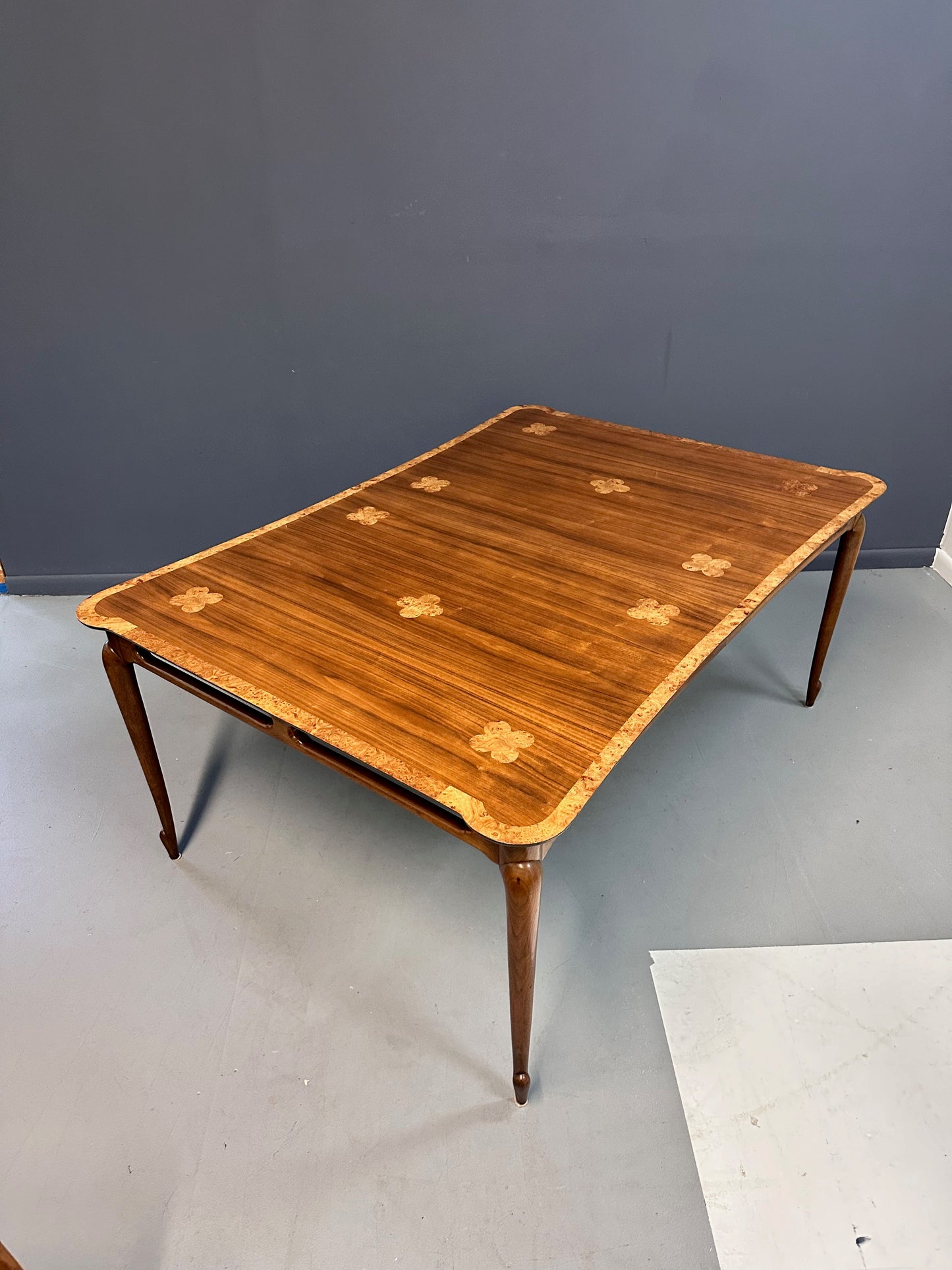 SOLD – 1960s Mastercraft Attributed Walnut Dining Table with Burl Accents and Trim