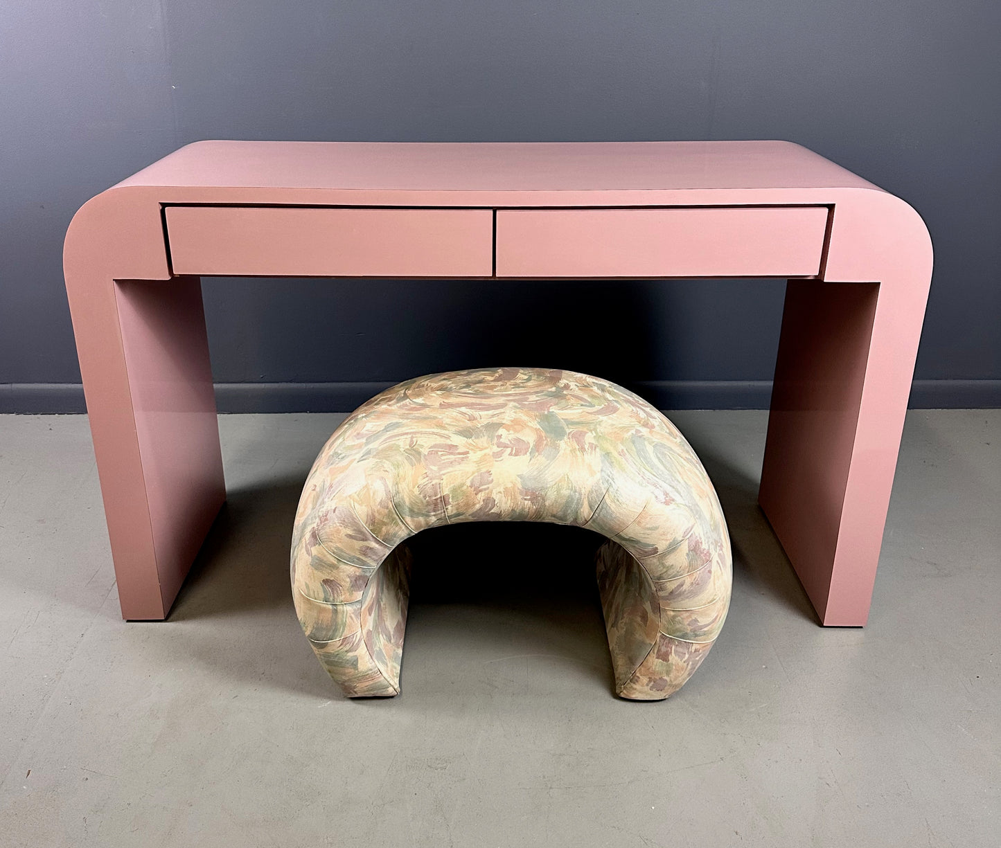 SOLD – 1980s Mauve Waterfall Laminate Desk with Two Drawers and a custom Bench