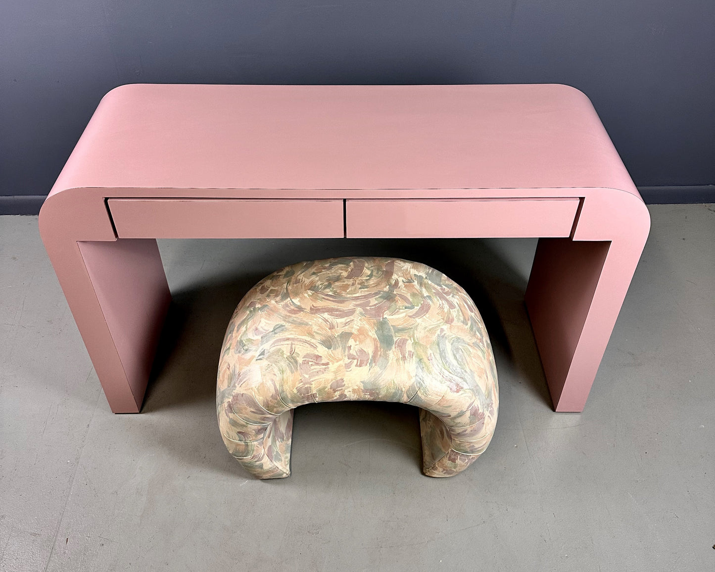 SOLD – 1980s Mauve Waterfall Laminate Desk with Two Drawers and a custom Bench