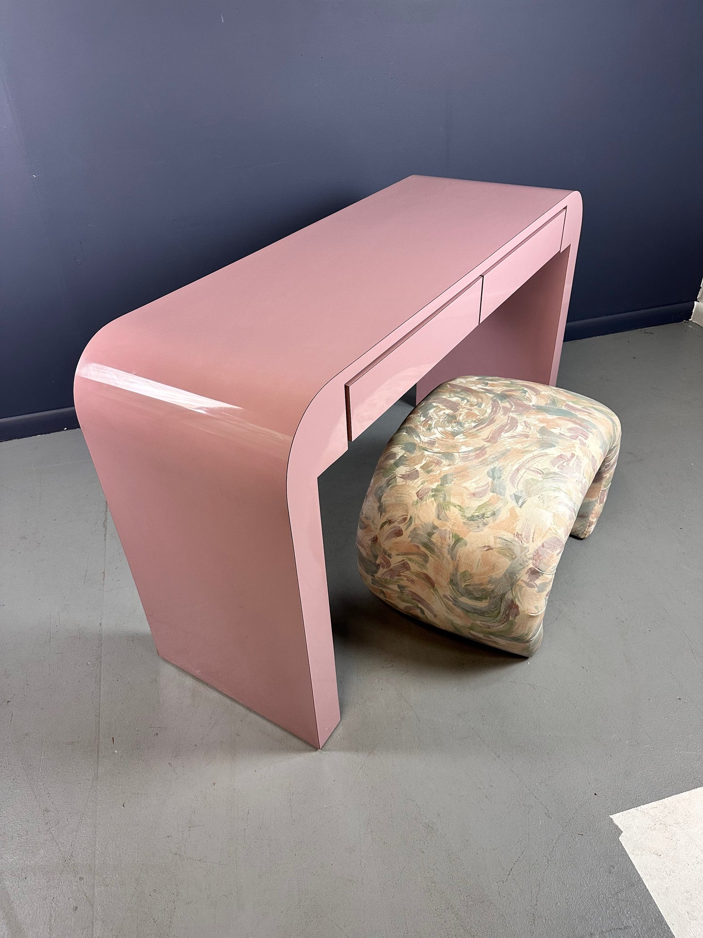 SOLD – 1980s Mauve Waterfall Laminate Desk with Two Drawers and a custom Bench