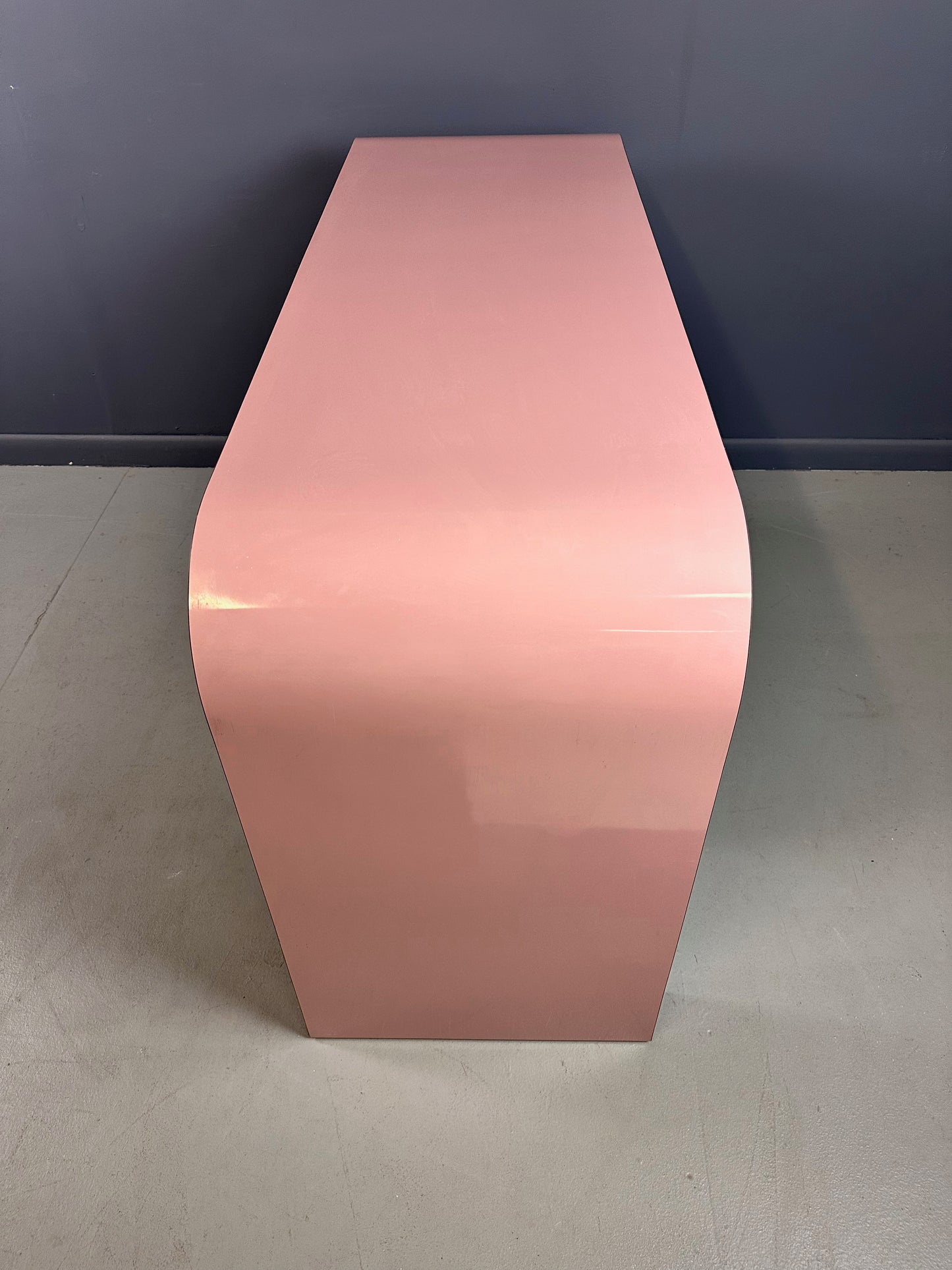SOLD – 1980s Mauve Waterfall Laminate Desk with Two Drawers and a custom Bench