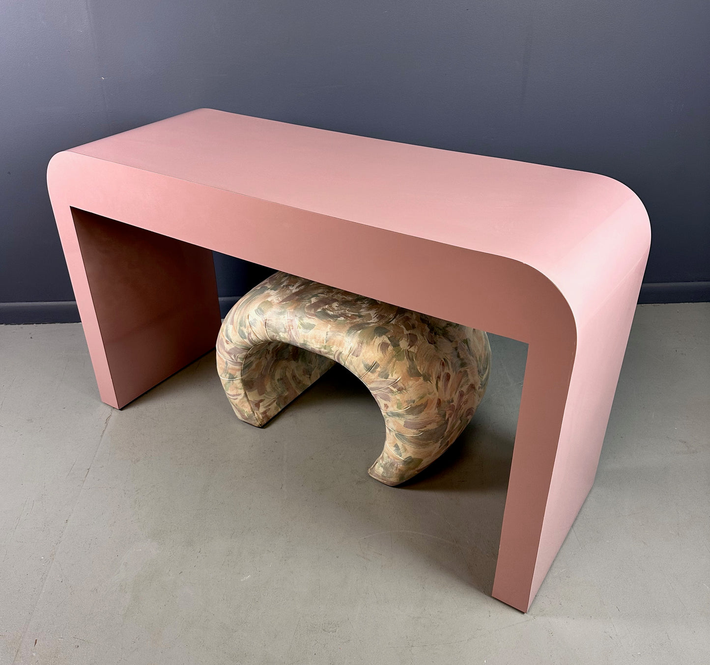 SOLD – 1980s Mauve Waterfall Laminate Desk with Two Drawers and a custom Bench