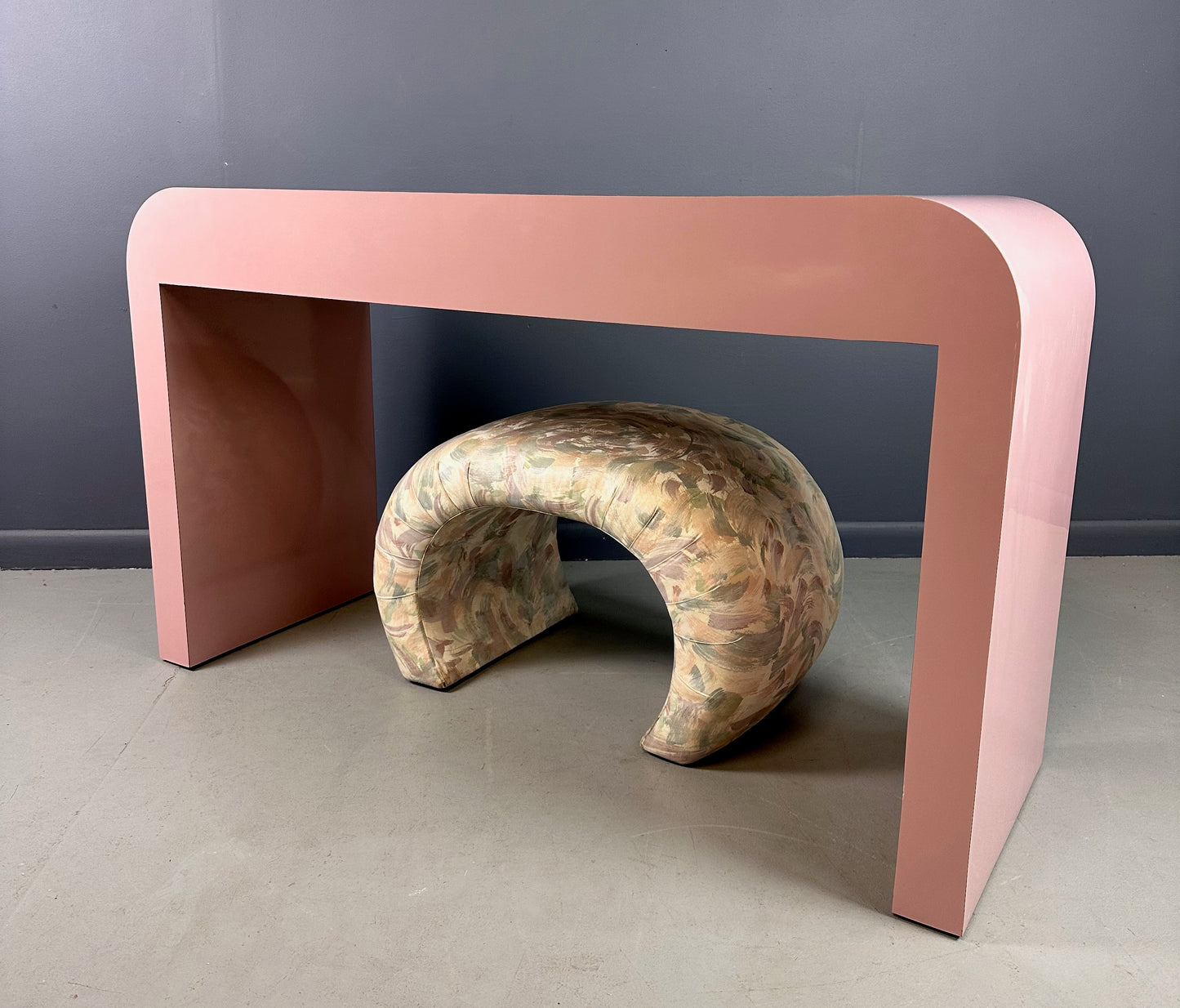 SOLD – 1980s Mauve Waterfall Laminate Desk with Two Drawers and a custom Bench