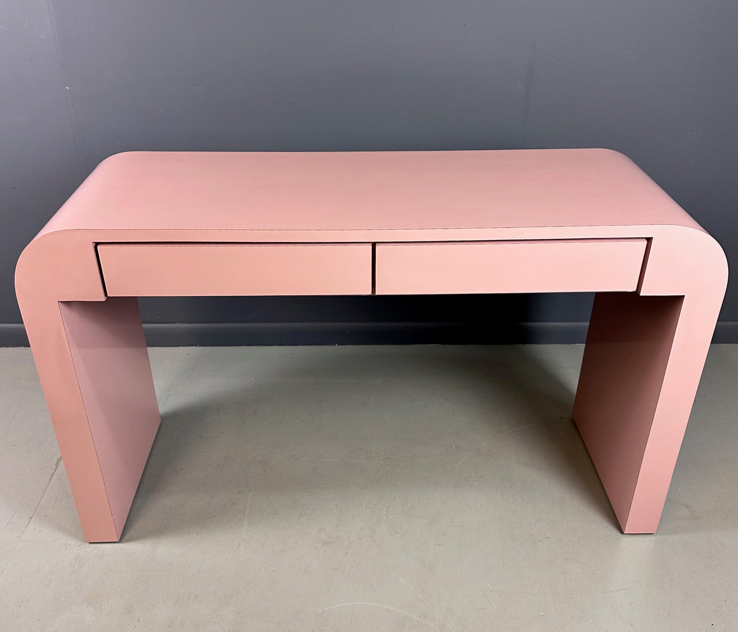 SOLD – 1980s Mauve Waterfall Laminate Desk with Two Drawers and a custom Bench