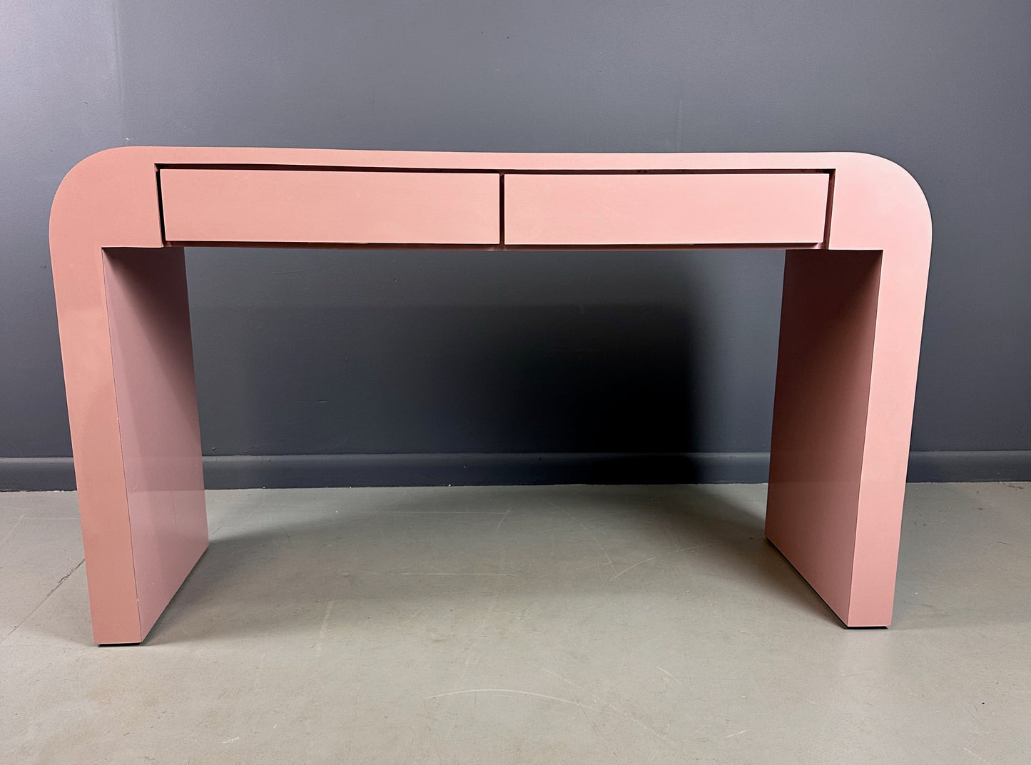 SOLD – 1980s Mauve Waterfall Laminate Desk with Two Drawers and a custom Bench
