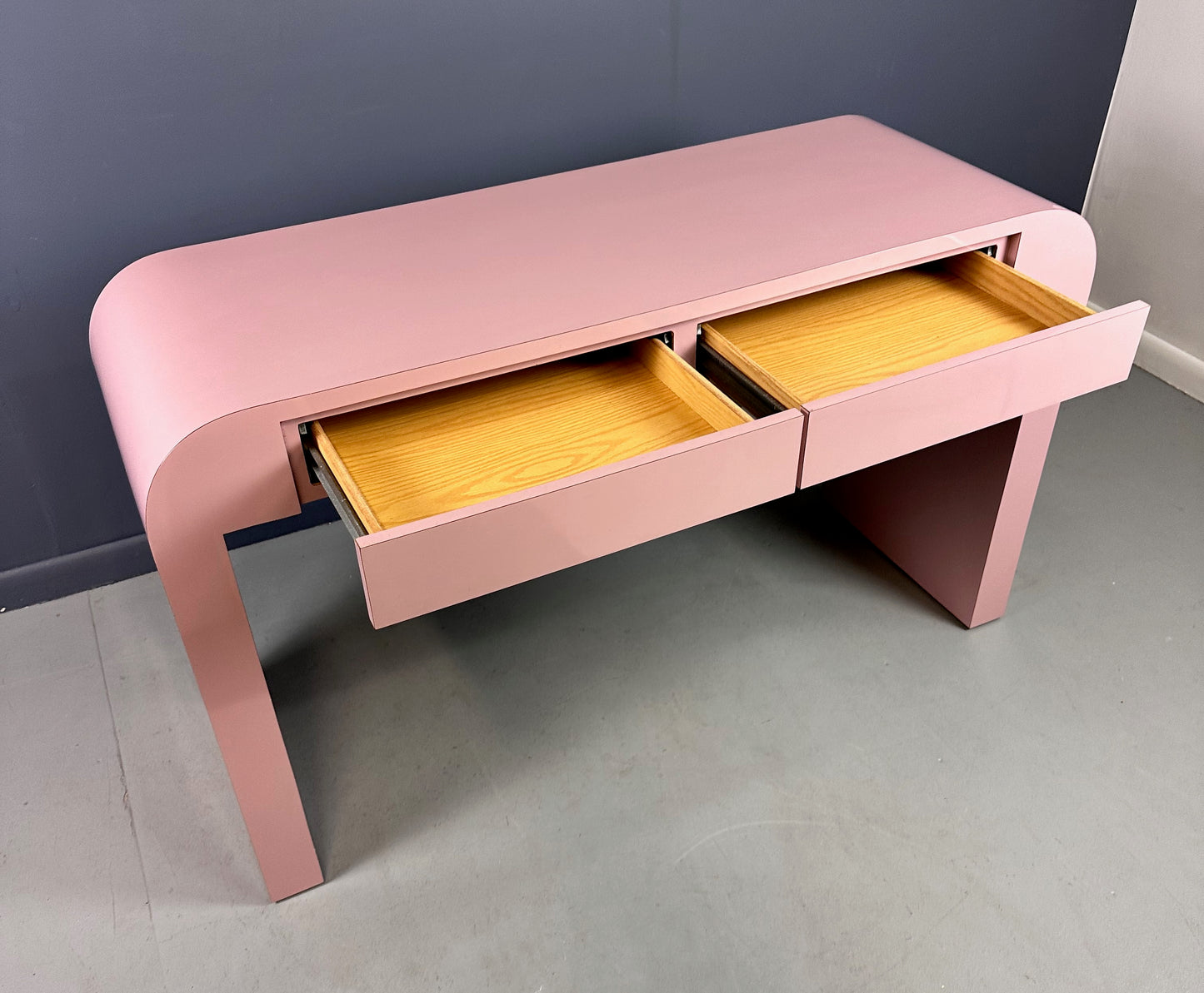 SOLD – 1980s Mauve Waterfall Laminate Desk with Two Drawers and a custom Bench