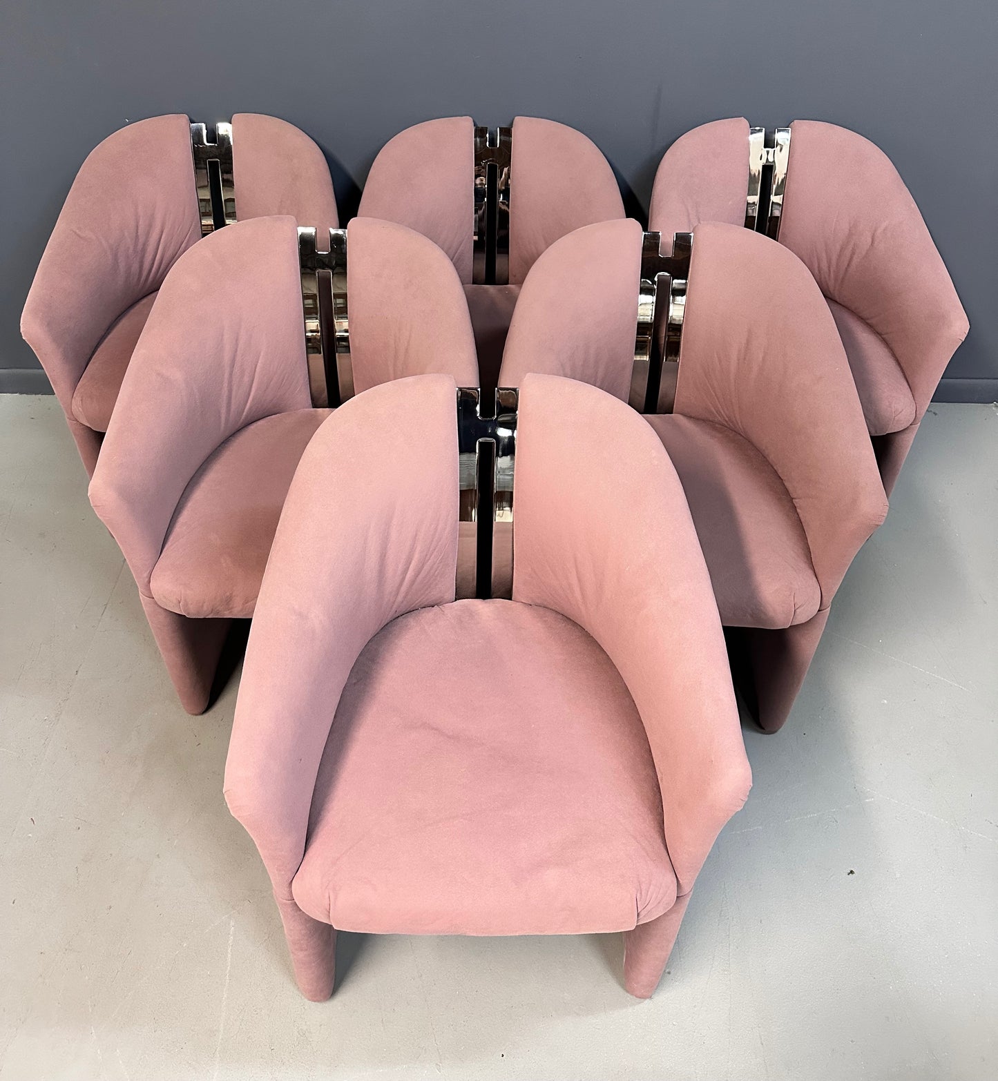 SOLD – Set of Six Post Modern Barrel Back Armchairs with Brass after Pierre Cardin by Carsons