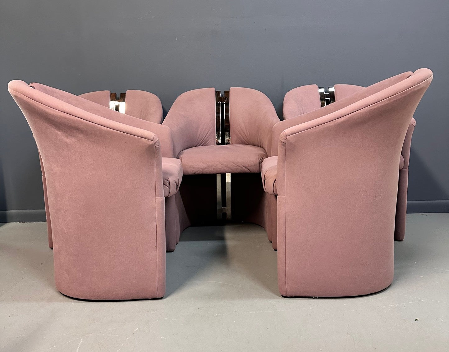 SOLD – Set of Six Post Modern Barrel Back Armchairs with Brass after Pierre Cardin by Carsons