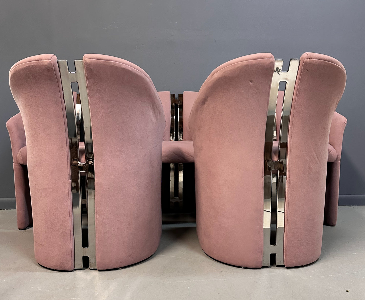 SOLD – Set of Six Post Modern Barrel Back Armchairs with Brass after Pierre Cardin by Carsons