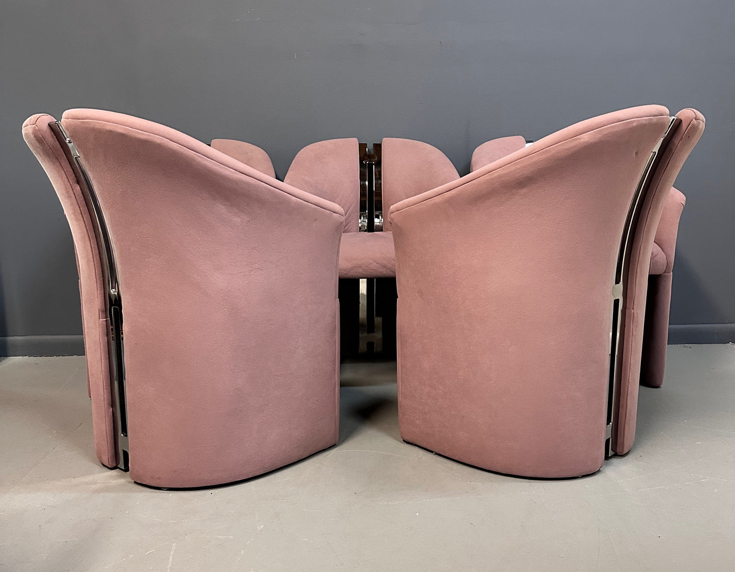 SOLD – Set of Six Post Modern Barrel Back Armchairs with Brass after Pierre Cardin by Carsons