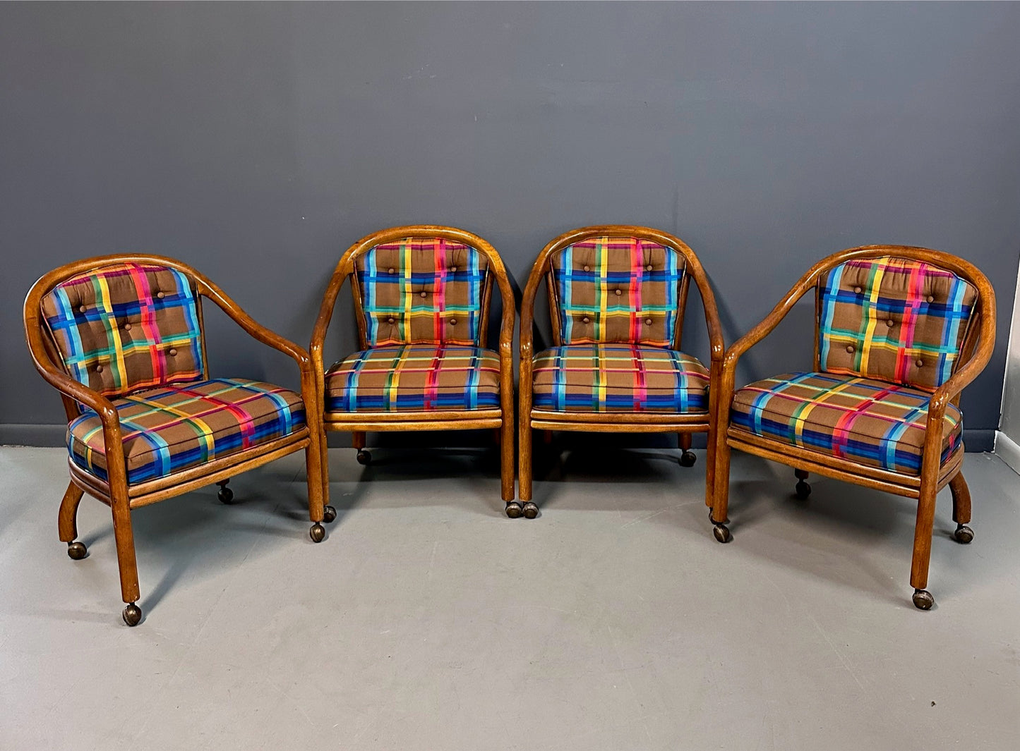 SOLD – 1970s Set of 4 Drexel Game Table Chairs with Cane Backs Mid Century