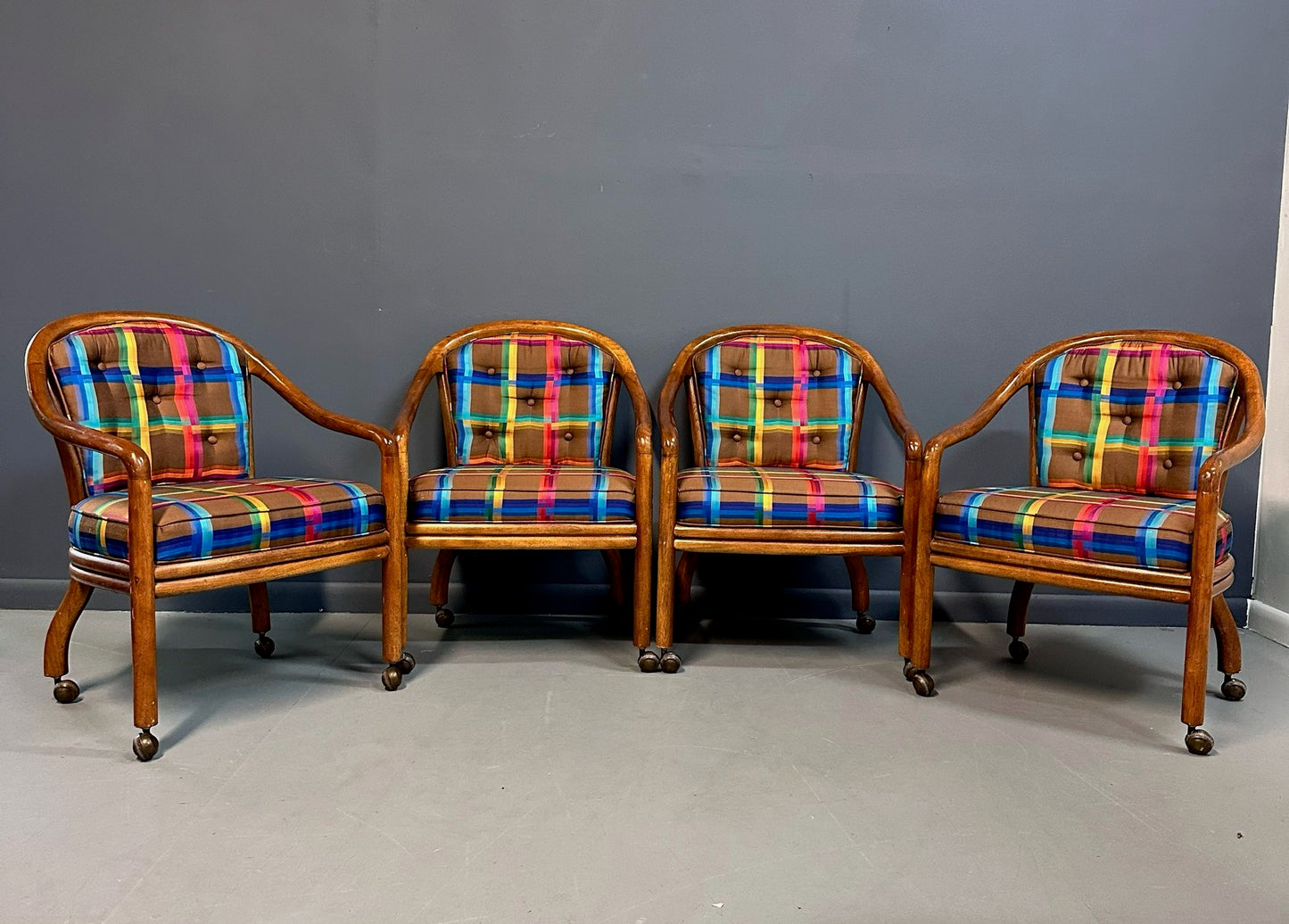 SOLD – 1970s Set of 4 Drexel Game Table Chairs with Cane Backs Mid Century