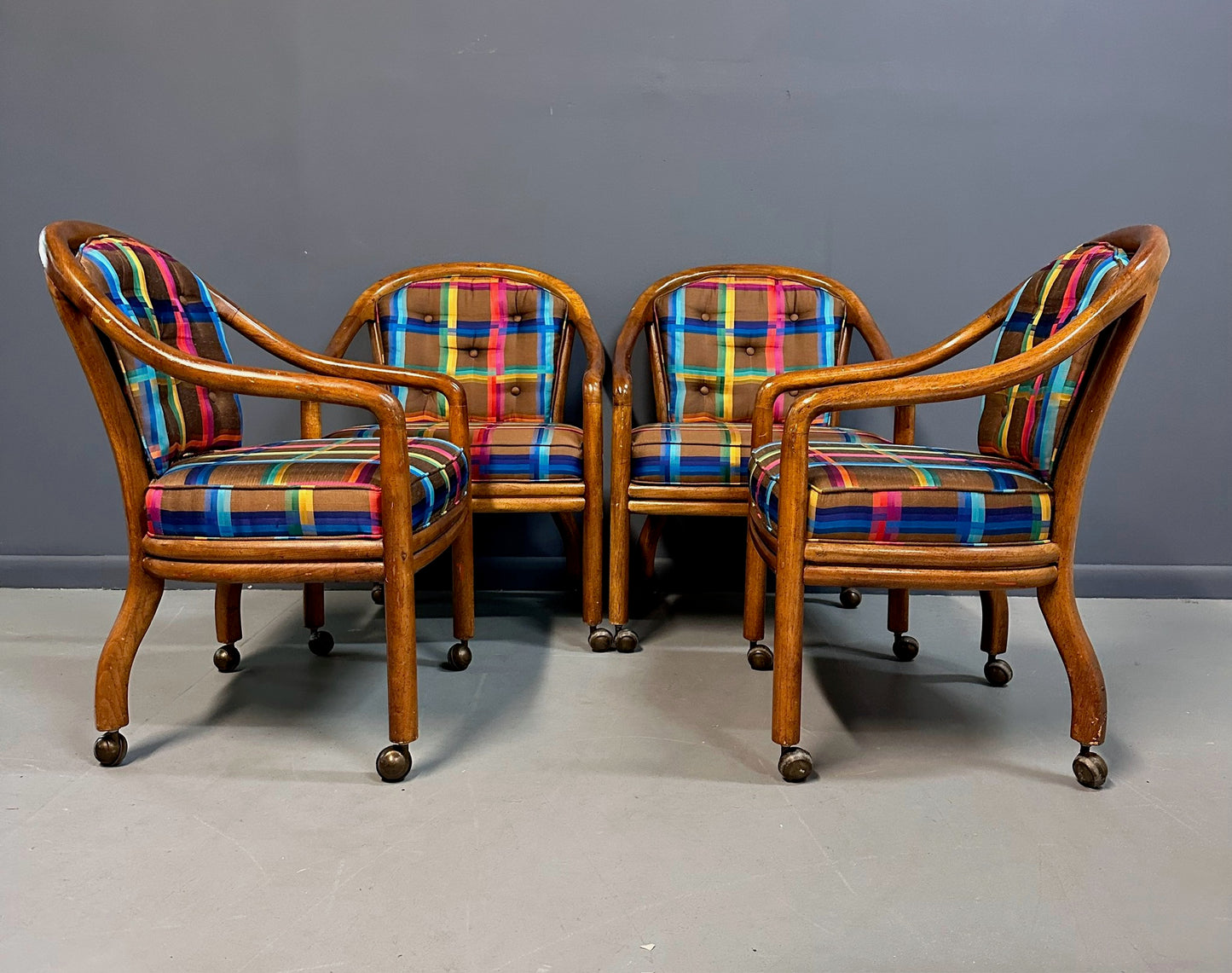 SOLD – 1970s Set of 4 Drexel Game Table Chairs with Cane Backs Mid Century