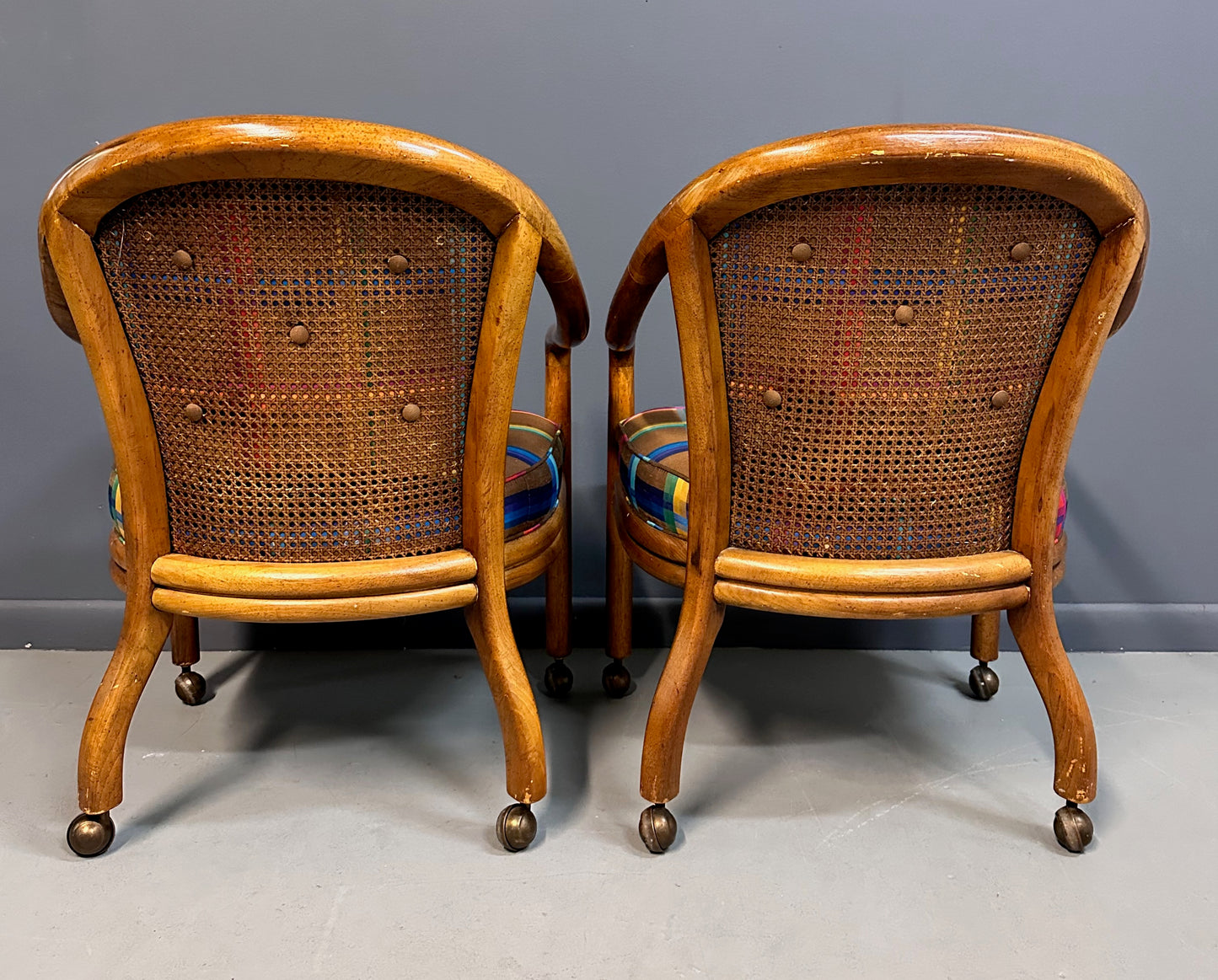 SOLD – 1970s Set of 4 Drexel Game Table Chairs with Cane Backs Mid Century