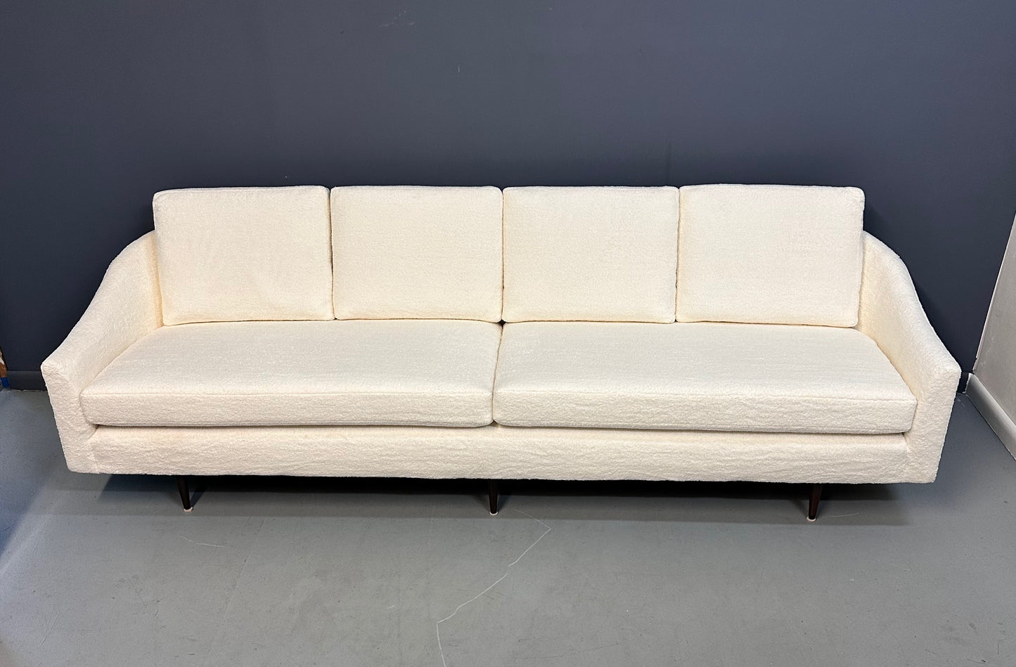 SOLD – Milo Baughman Curved Back Sofa for Thayer Coggin in a Cozy Boucle Mid Century