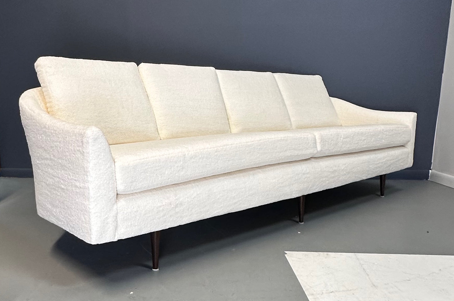 SOLD – Milo Baughman Curved Back Sofa for Thayer Coggin in a Cozy Boucle Mid Century