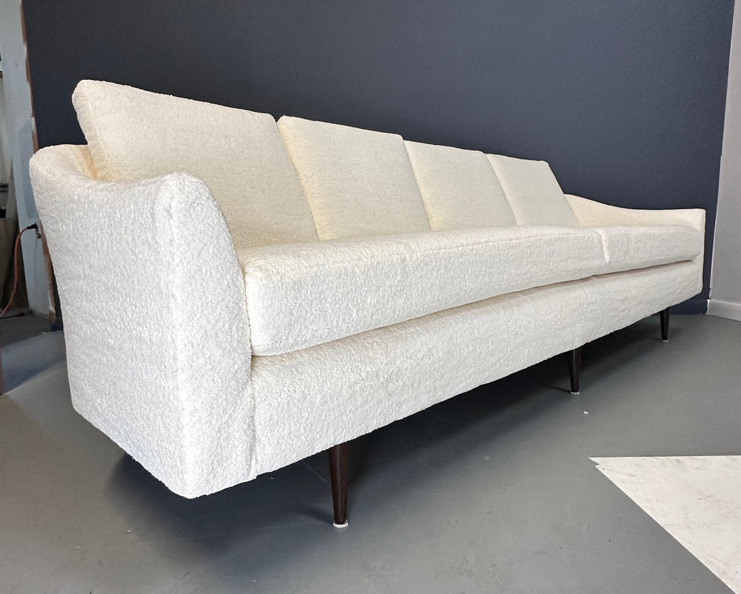 SOLD – Milo Baughman Curved Back Sofa for Thayer Coggin in a Cozy Boucle Mid Century