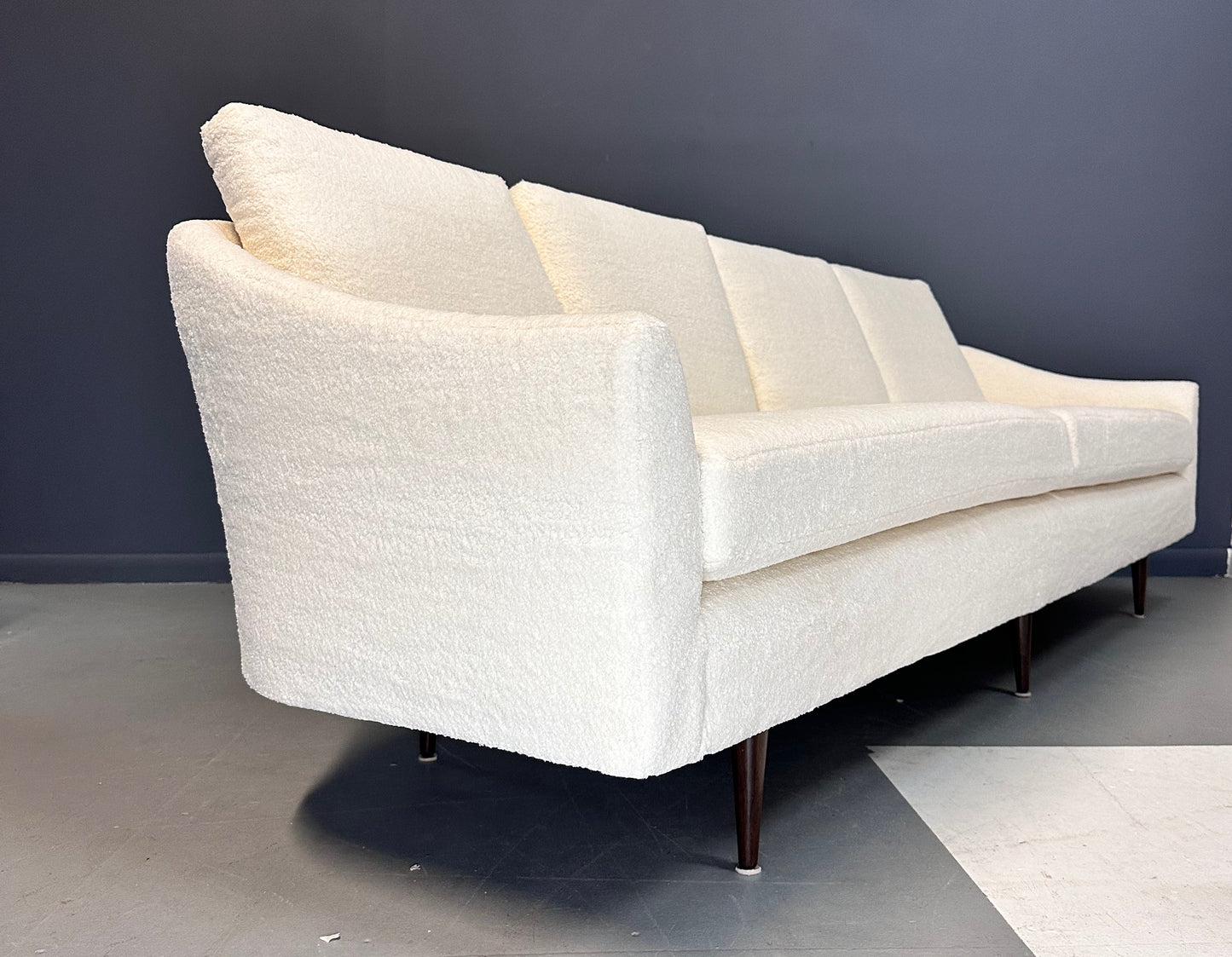 SOLD – Milo Baughman Curved Back Sofa for Thayer Coggin in a Cozy Boucle Mid Century