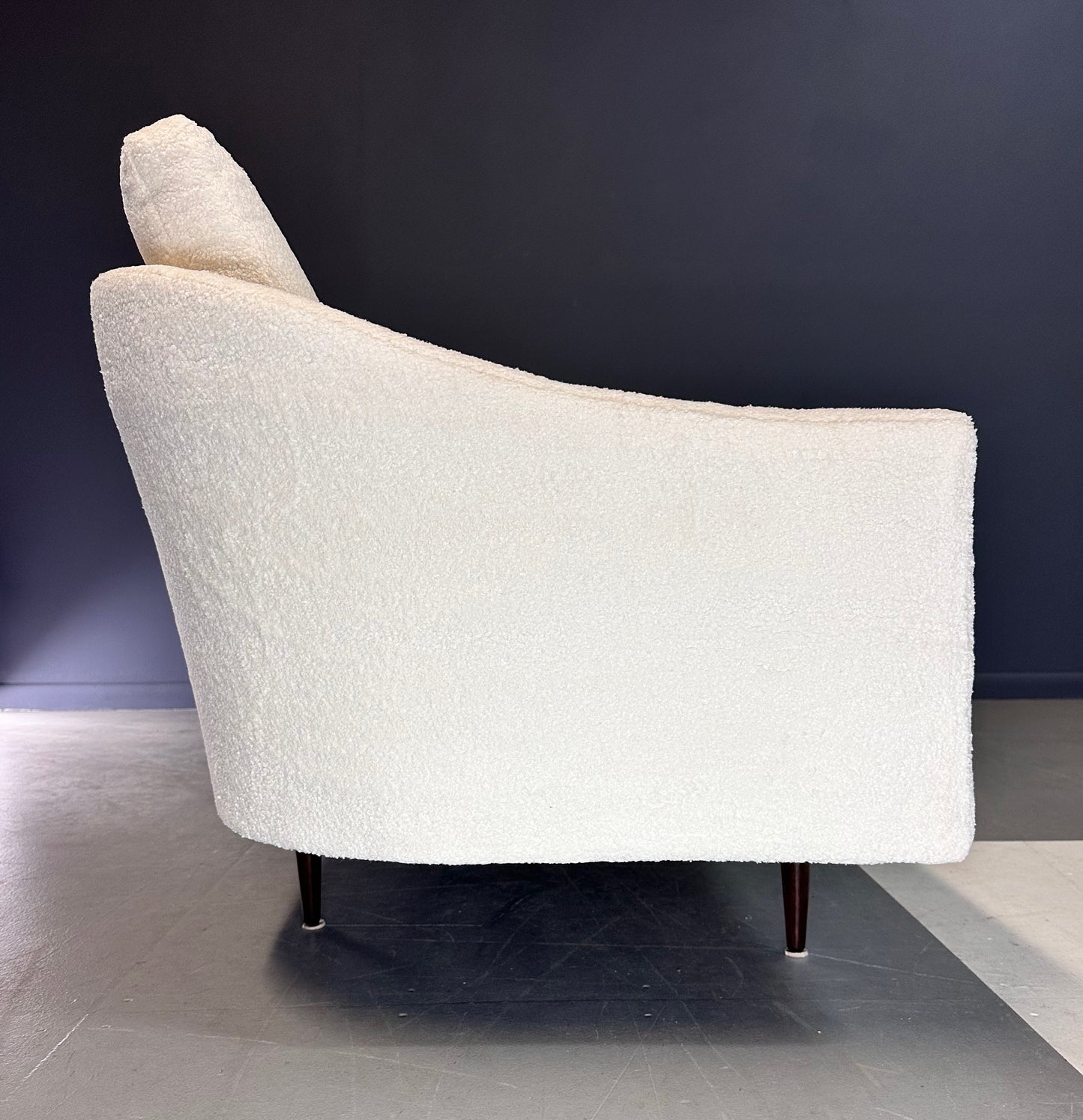 SOLD – Milo Baughman Curved Back Sofa for Thayer Coggin in a Cozy Boucle Mid Century