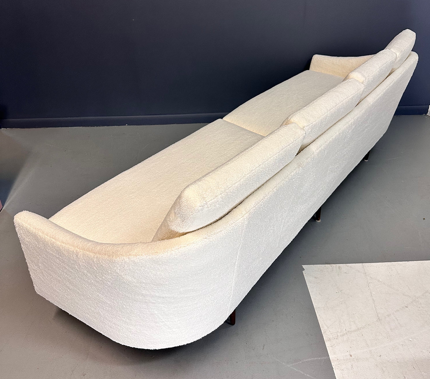 SOLD – Milo Baughman Curved Back Sofa for Thayer Coggin in a Cozy Boucle Mid Century