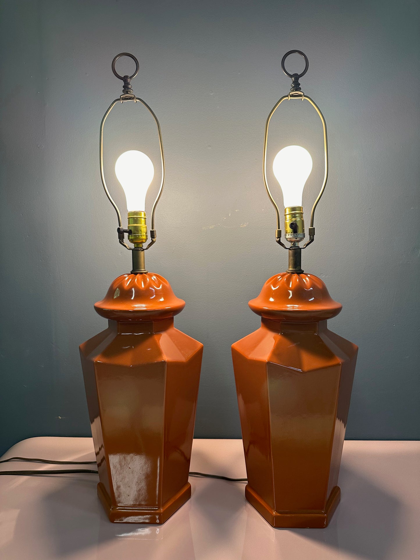 1970s Burnt Umbar Geometric Ceramic Table Lamps Mid Century