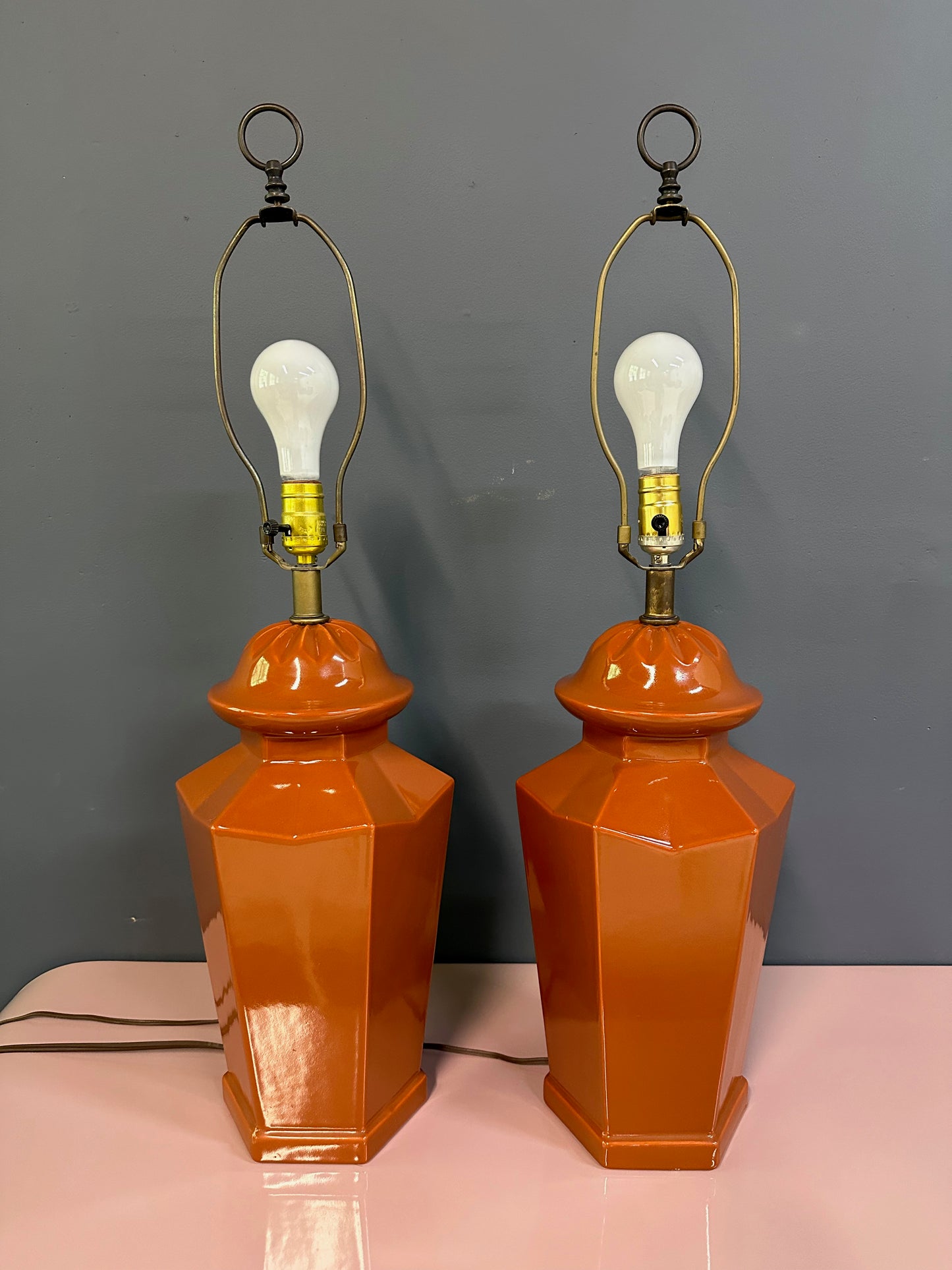 1970s Burnt Umbar Geometric Ceramic Table Lamps Mid Century