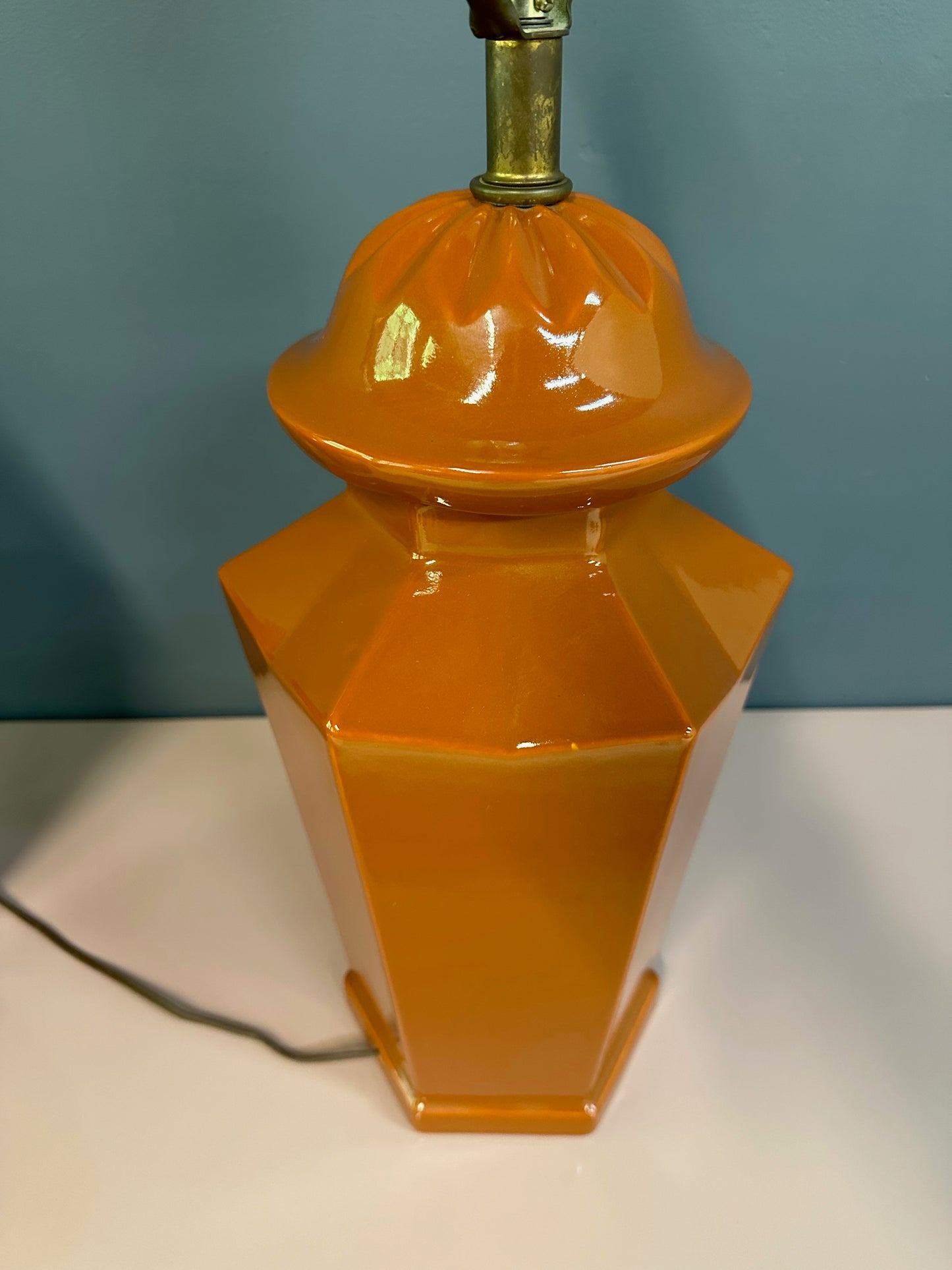 1970s Burnt Umbar Geometric Ceramic Table Lamps Mid Century