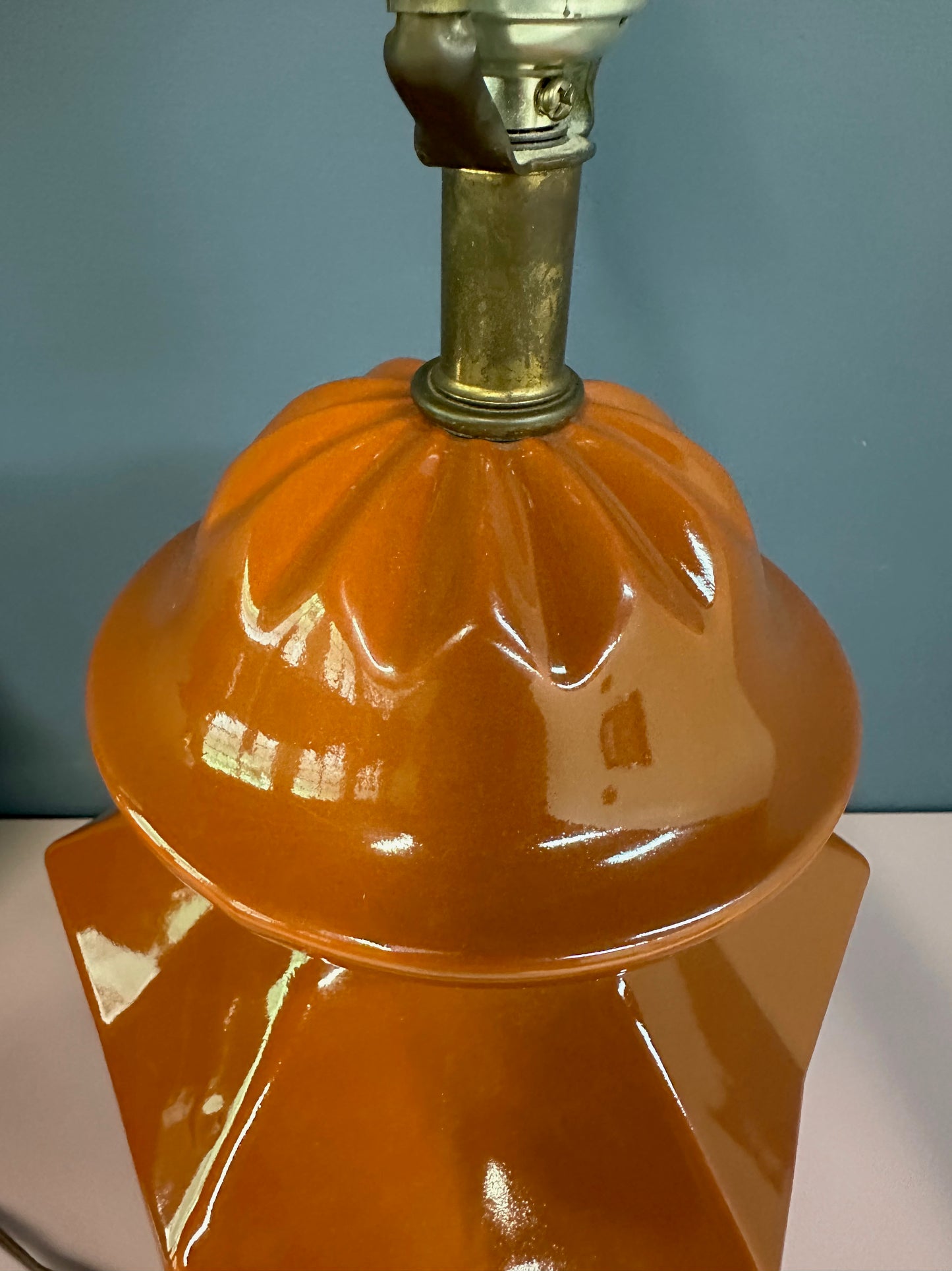 1970s Burnt Umbar Geometric Ceramic Table Lamps Mid Century