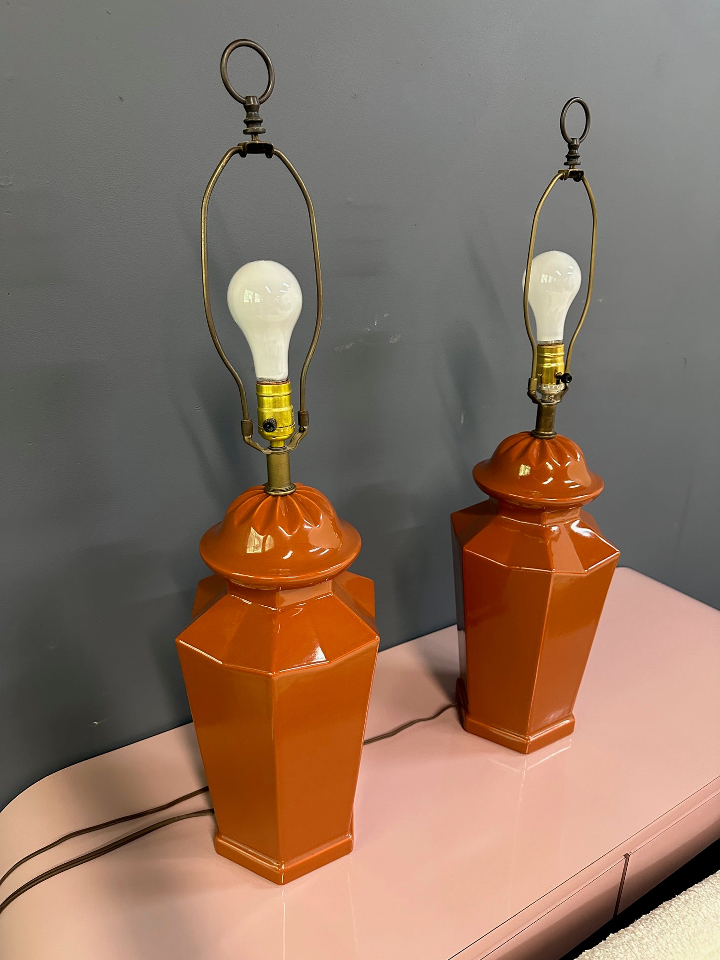 1970s Burnt Umbar Geometric Ceramic Table Lamps Mid Century