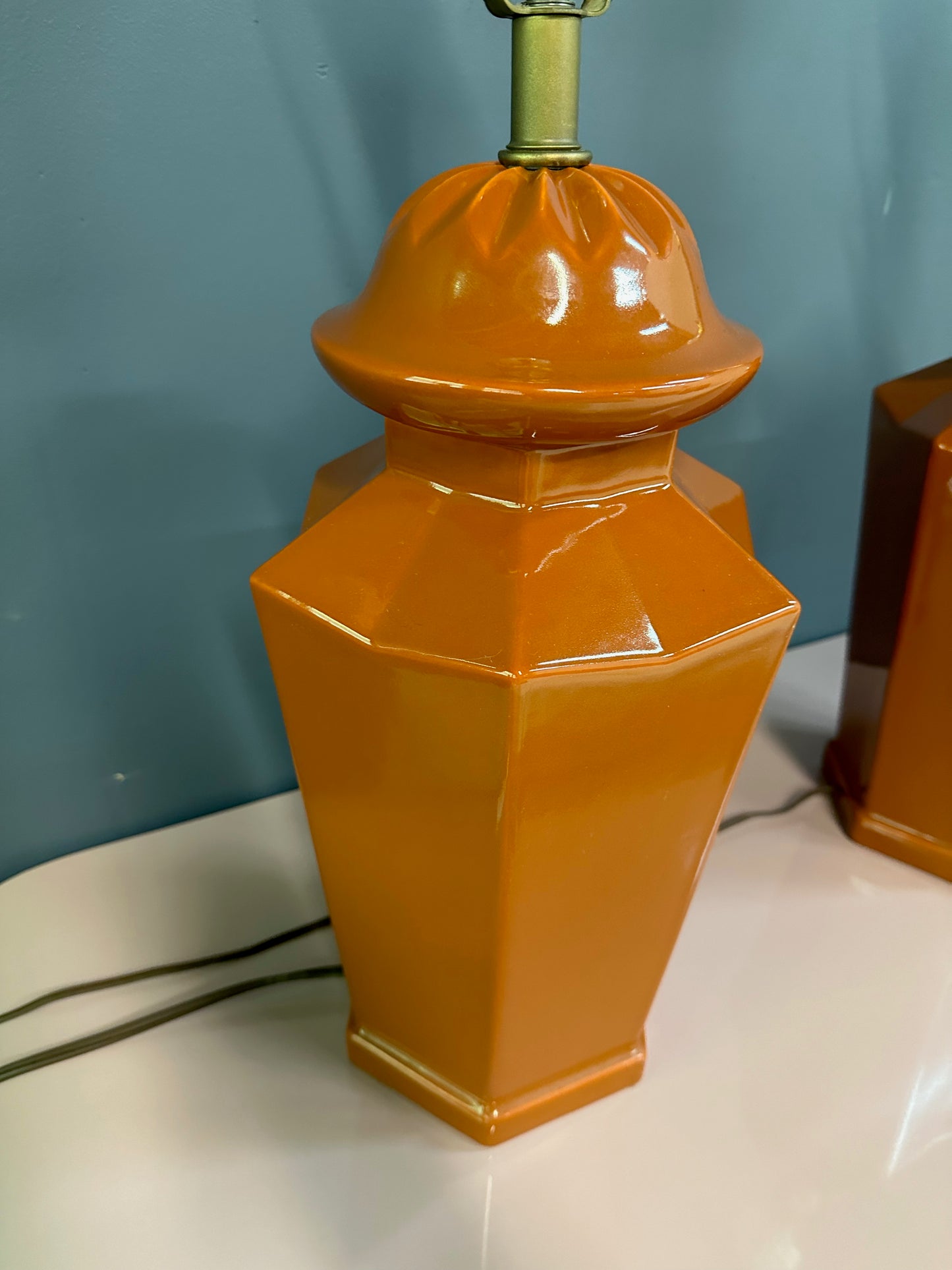 1970s Burnt Umbar Geometric Ceramic Table Lamps Mid Century