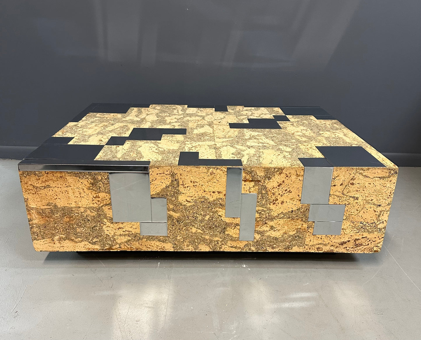 1970s Paul Evans Style Cork and Stainless Steel Coffee Table on Plinth Base