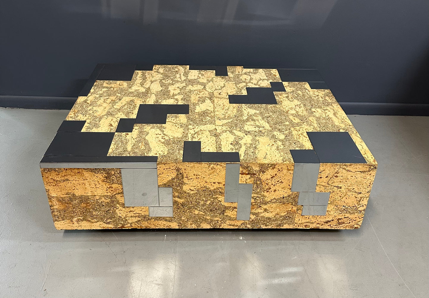 1970s Paul Evans Style Cork and Stainless Steel Coffee Table on Plinth Base