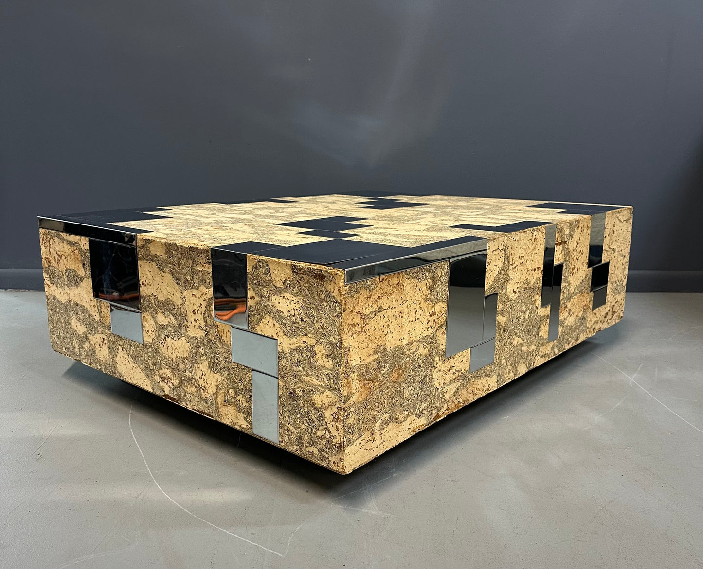 1970s Paul Evans Style Cork and Stainless Steel Coffee Table on Plinth Base