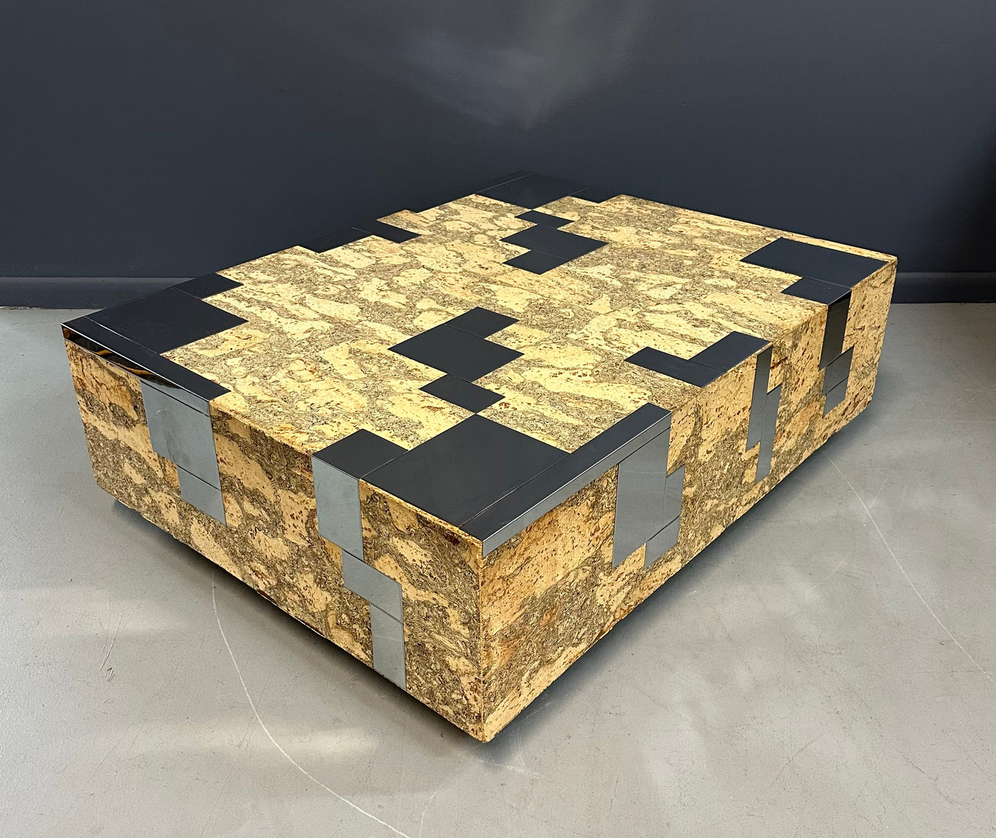 1970s Paul Evans Style Cork and Stainless Steel Coffee Table on Plinth Base