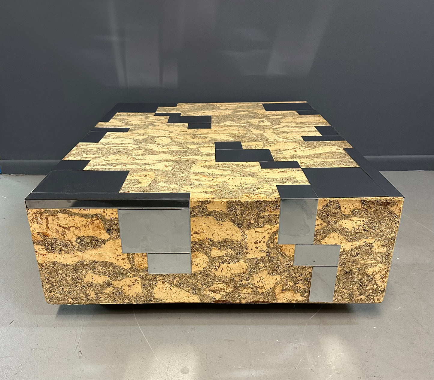 1970s Paul Evans Style Cork and Stainless Steel Coffee Table on Plinth Base