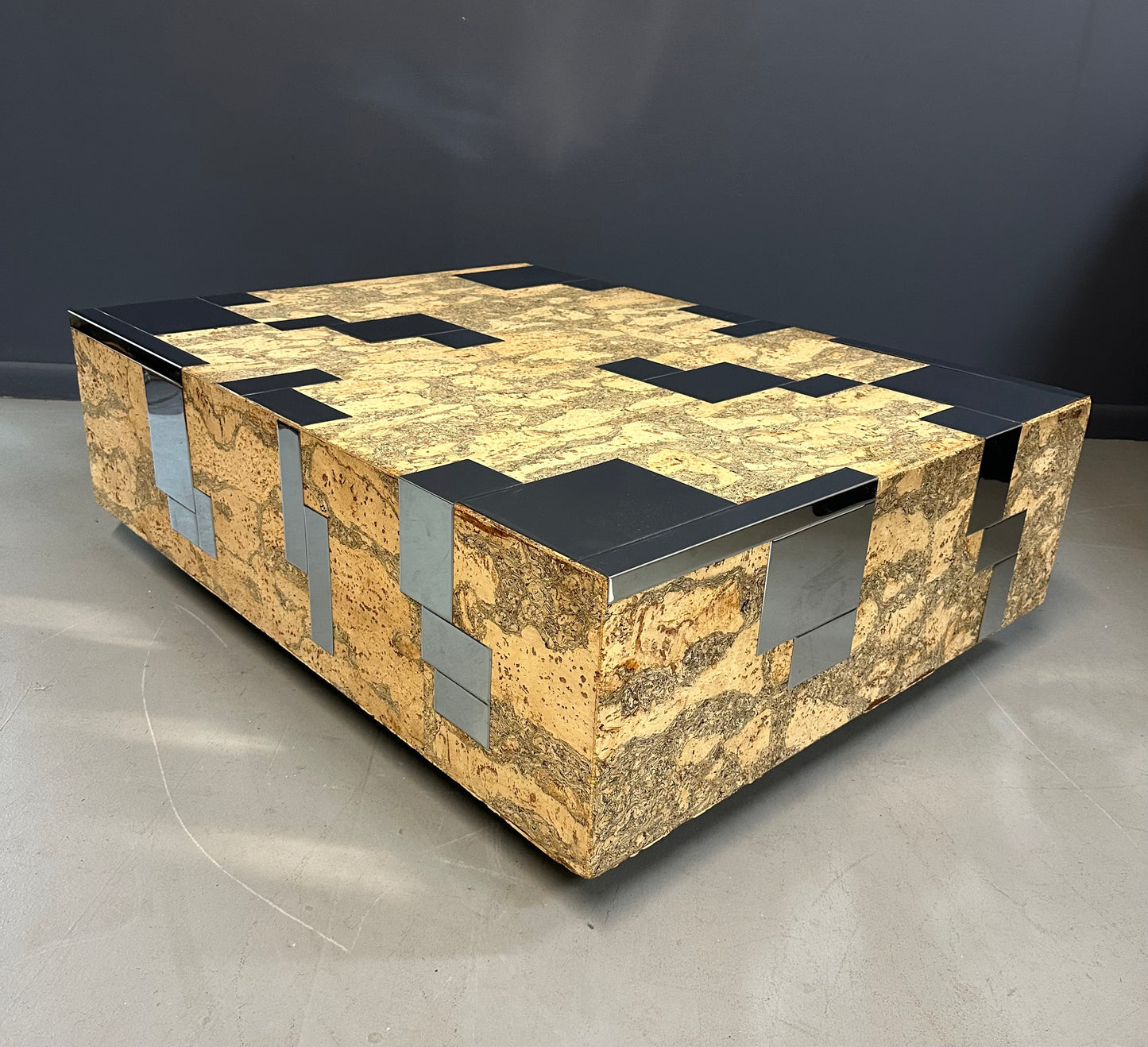 1970s Paul Evans Style Cork and Stainless Steel Coffee Table on Plinth Base