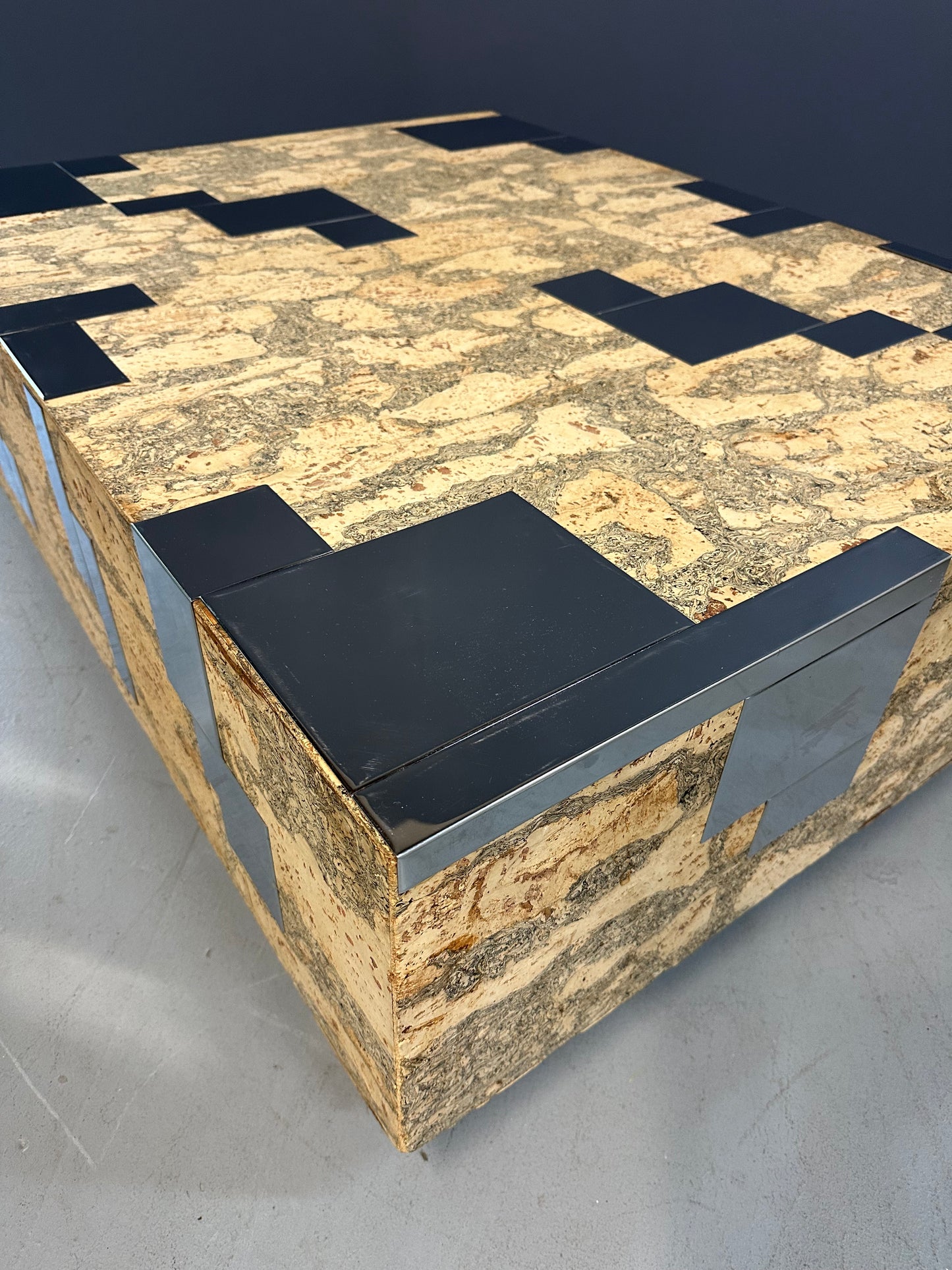 1970s Paul Evans Style Cork and Stainless Steel Coffee Table on Plinth Base