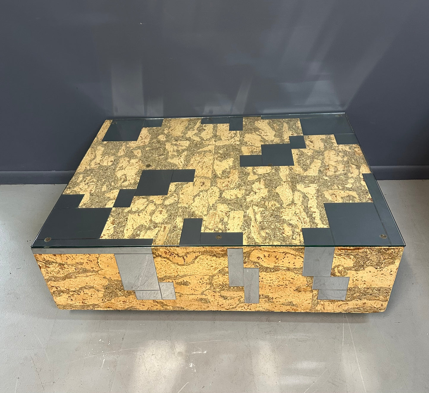 1970s Paul Evans Style Cork and Stainless Steel Coffee Table on Plinth Base