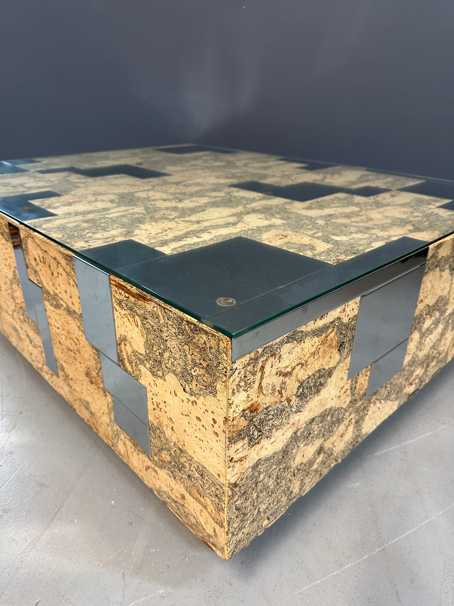 1970s Paul Evans Style Cork and Stainless Steel Coffee Table on Plinth Base