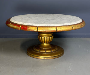 Hollywood Regency Round Cocktail Table in Gold & Marble in Style of James Mont