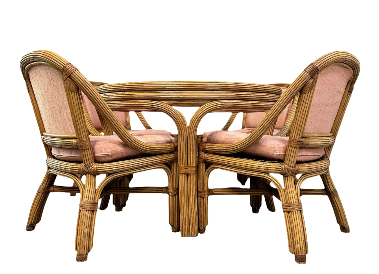 SOLD – 1980s Pencil Reed and Leather Table And Four Chairs by Henry Link