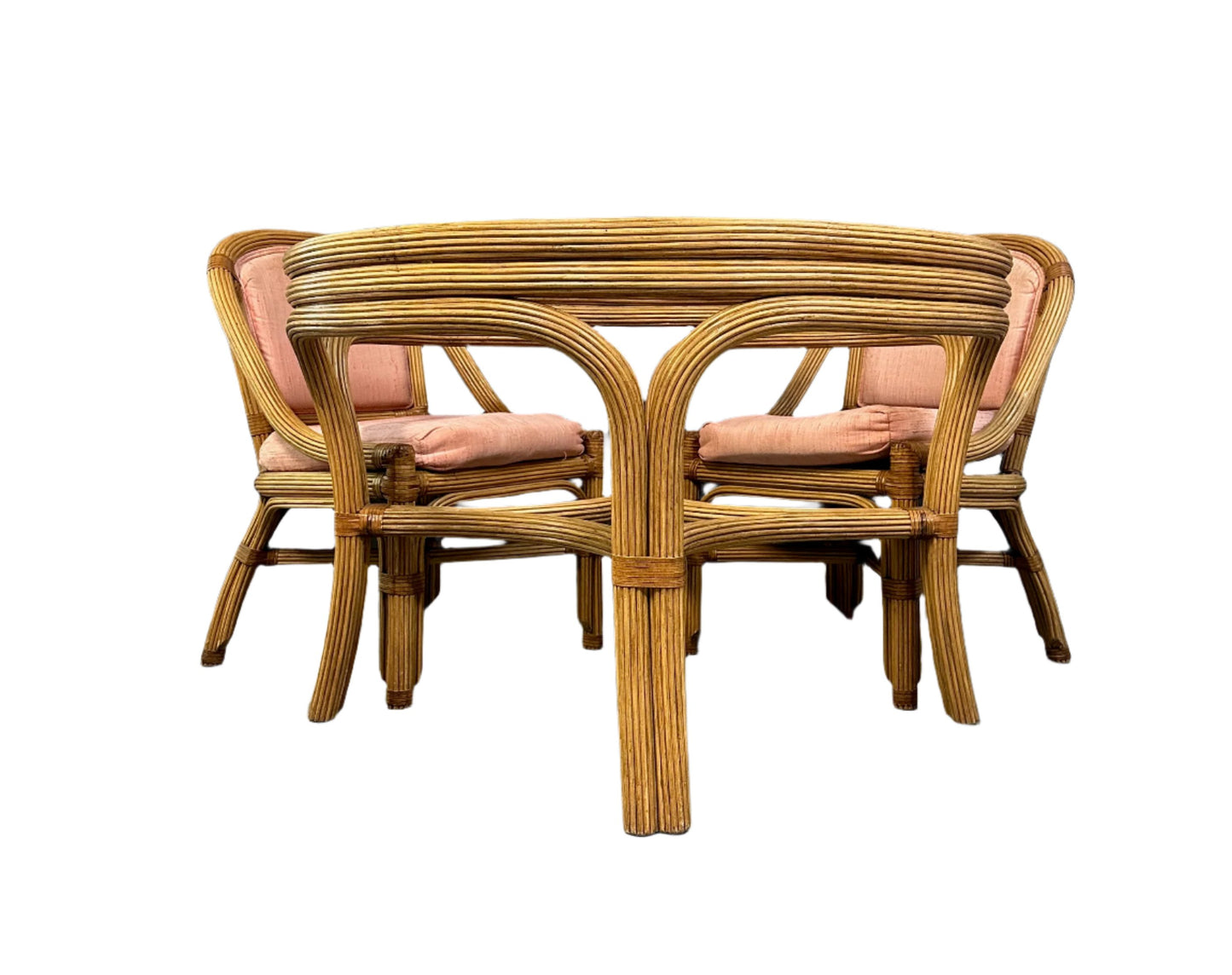 SOLD – 1980s Pencil Reed and Leather Table And Four Chairs by Henry Link