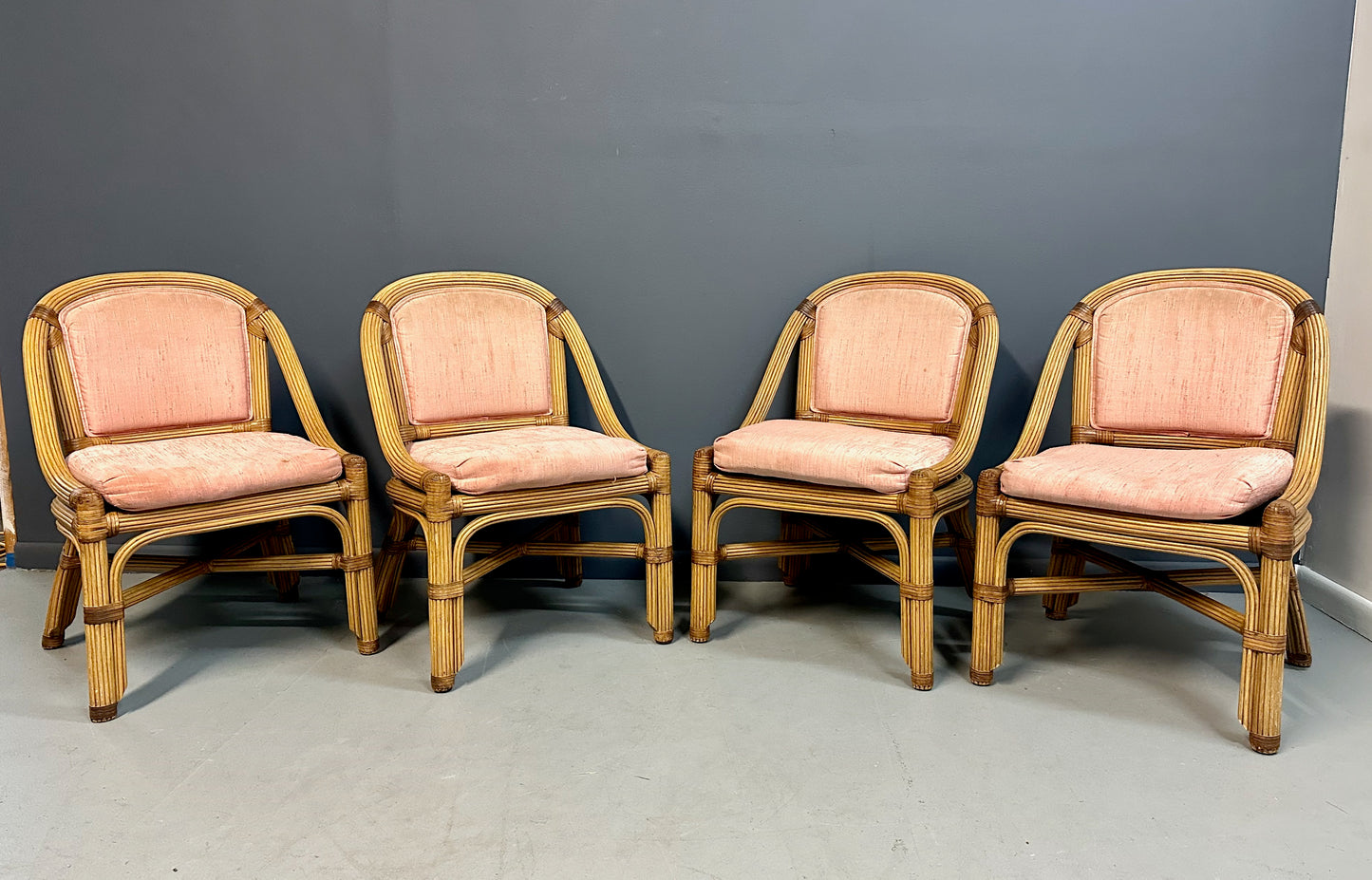SOLD – 1980s Pencil Reed and Leather Table And Four Chairs by Henry Link